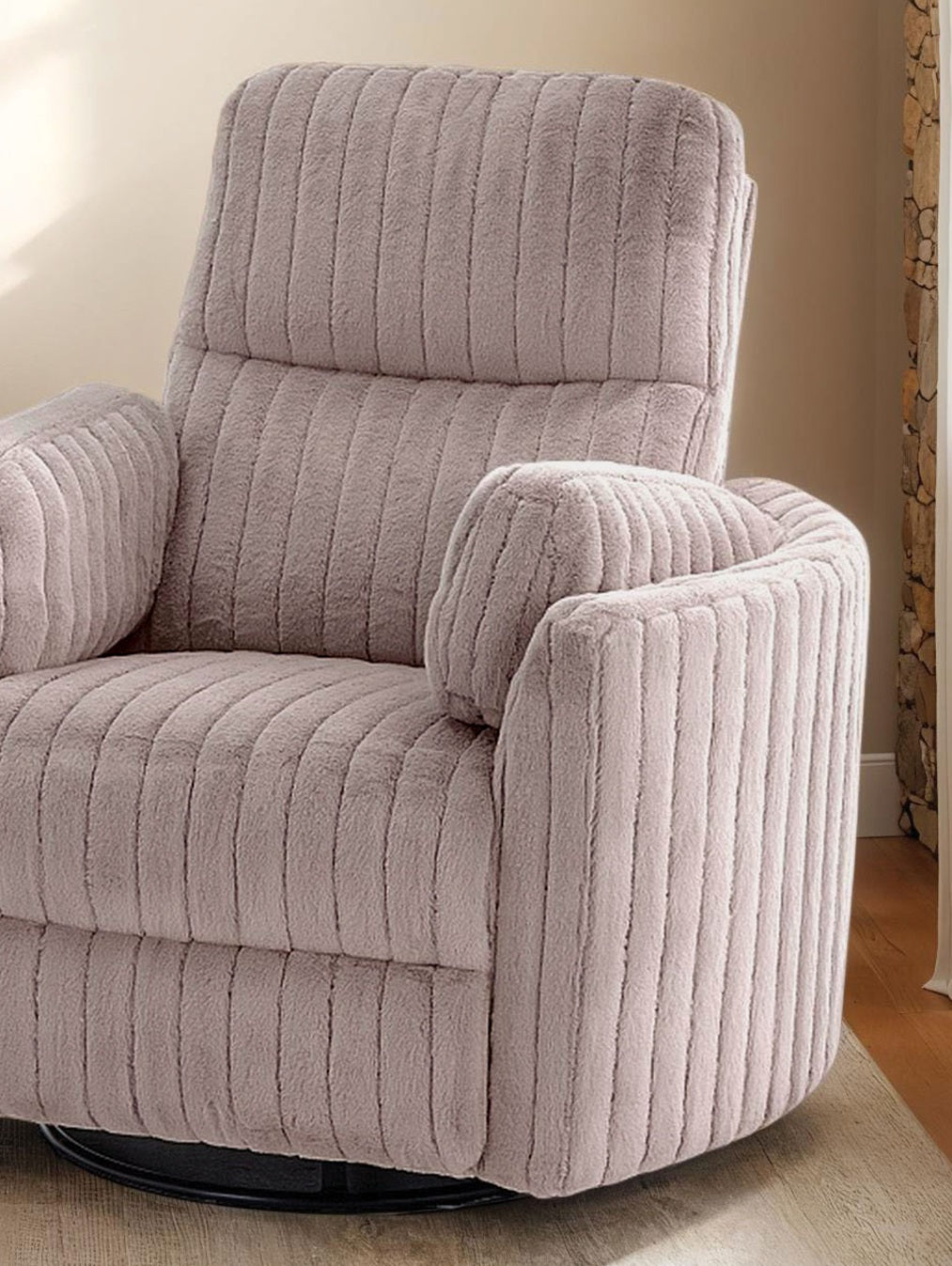 Taupe Finish Power Glider Recliner w/ Swivel Curved Arms Pillow Fill Swivel Chair Contemporary Primary Living Room