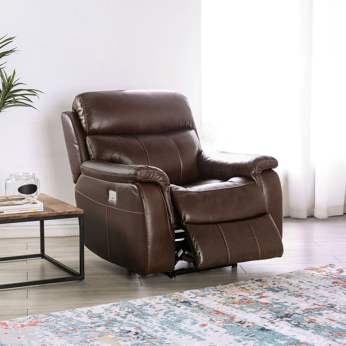 Transitional Style Power Recliner Wall Hunger Design Harwood Frame Fully Upholstered Pillow Top Arms Brown Finish Primary Living Room