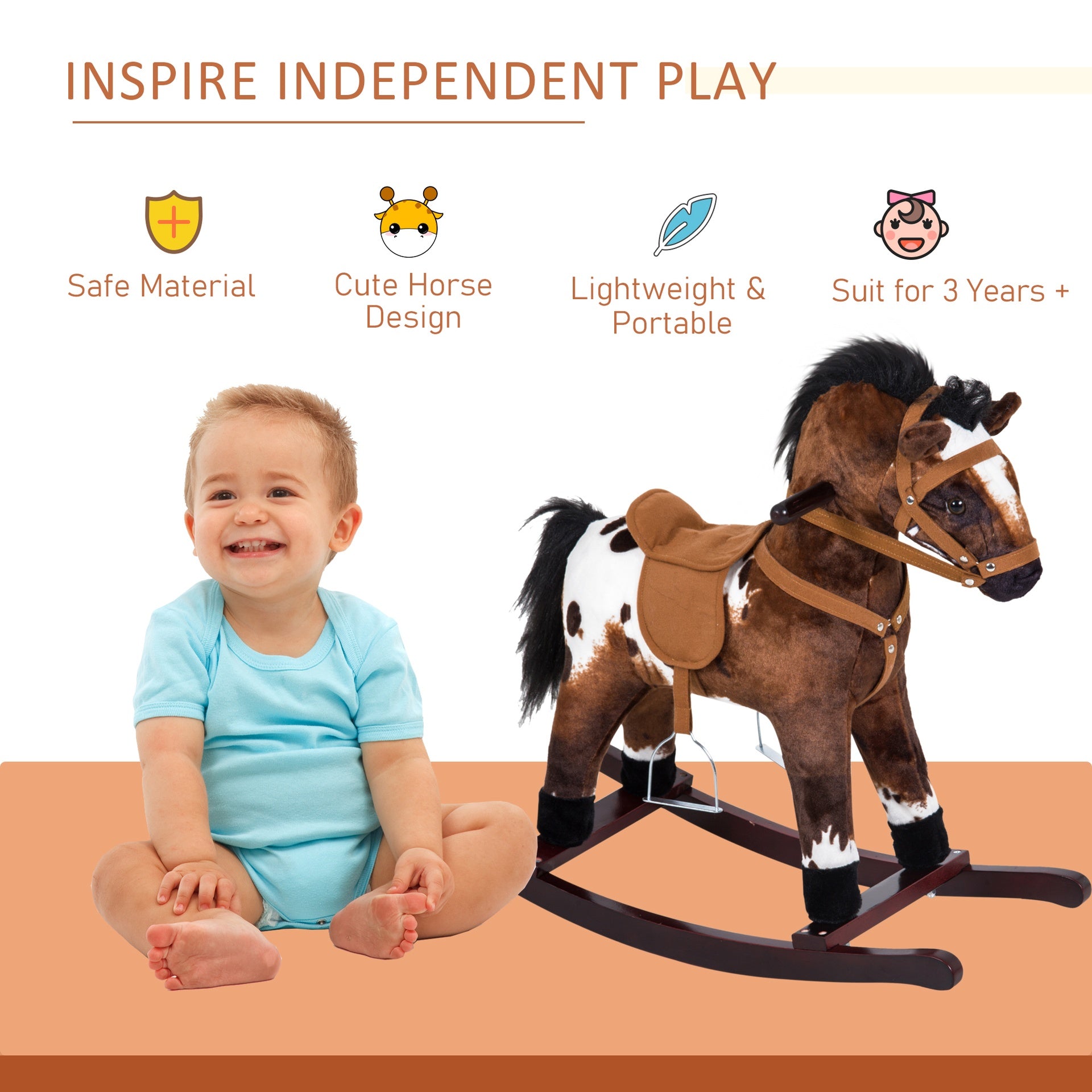 Qaba Kids Wooden Plush Ride-On Rocking Horse Chair Toy with Realistic Sounds Dark Brown/White