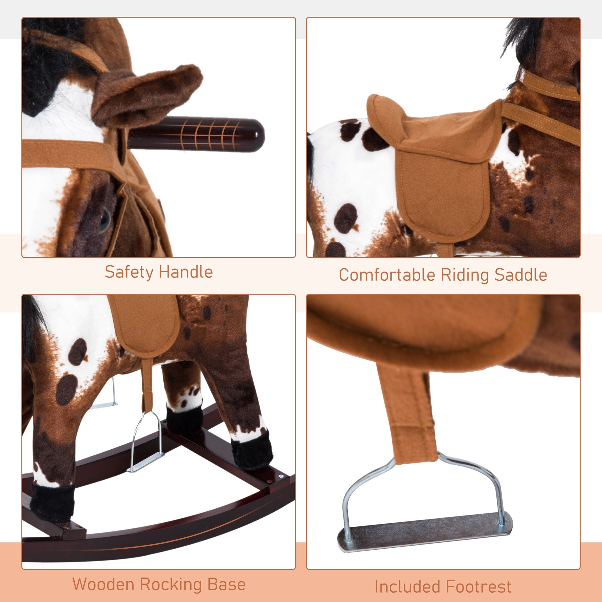 Qaba Kids Wooden Plush Ride-On Rocking Horse Chair Toy with Realistic Sounds Dark Brown/White