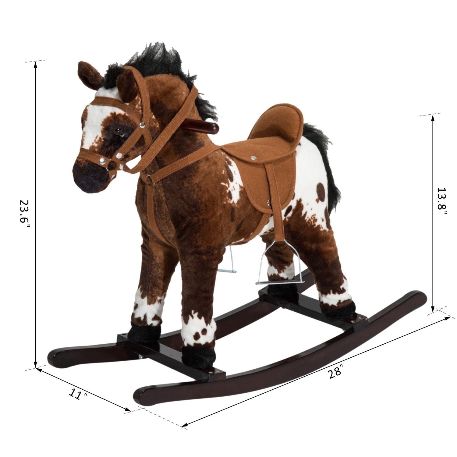 Qaba Kids Wooden Plush Ride-On Rocking Horse Chair Toy with Realistic Sounds Dark Brown/White