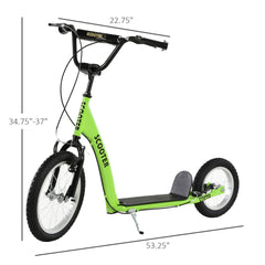 Aosom Youth Scooter Kick Scooter for Kids 5+ with Adjustable Handlebar 16" Front and 12" Rear Dual Brakes Inflatable Wheels, Green