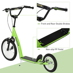 Aosom Youth Scooter Kick Scooter for Kids 5+ with Adjustable Handlebar 16" Front and 12" Rear Dual Brakes Inflatable Wheels, Green
