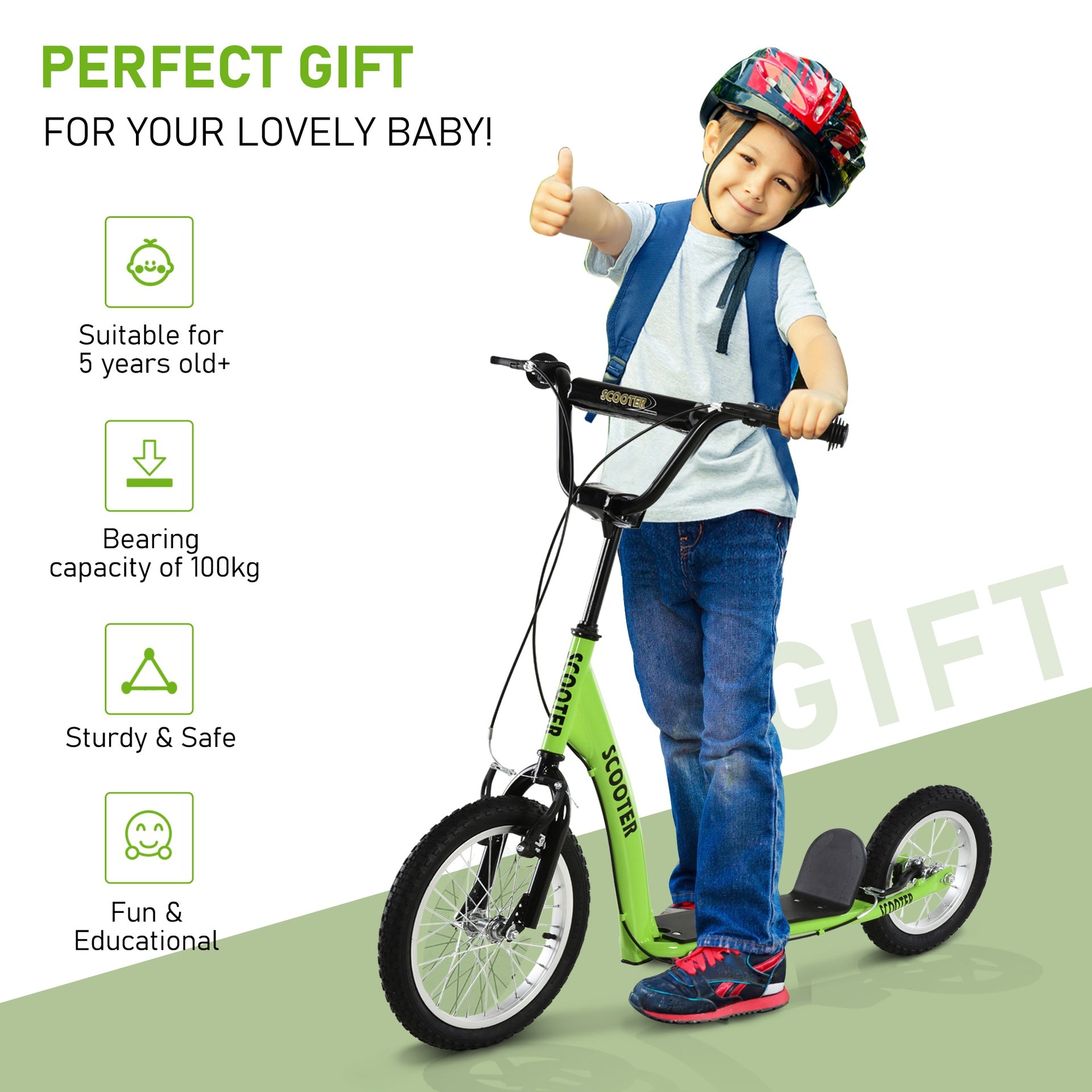 Aosom Youth Scooter Kick Scooter for Kids 5+ with Adjustable Handlebar 16" Front and 12" Rear Dual Brakes Inflatable Wheels, Green