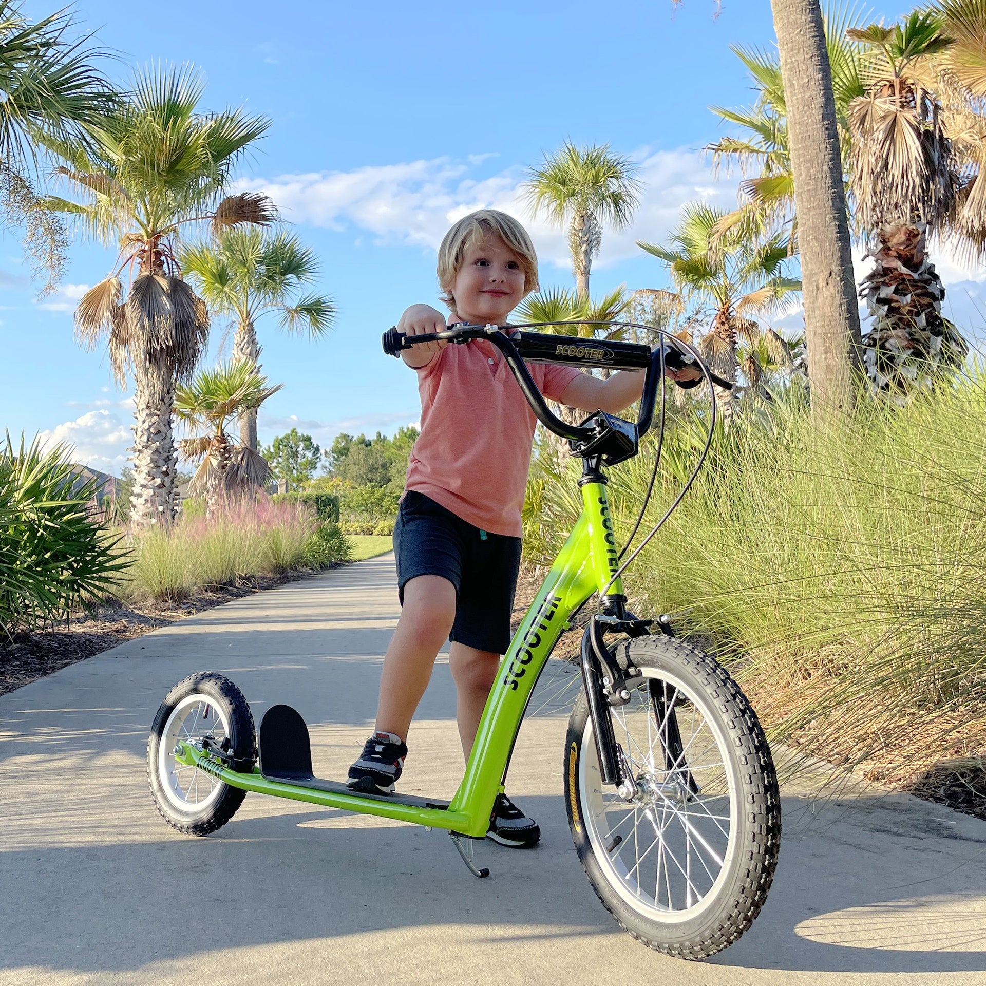 Aosom Youth Scooter Kick Scooter for Kids 5+ with Adjustable Handlebar 16" Front and 12" Rear Dual Brakes Inflatable Wheels, Green
