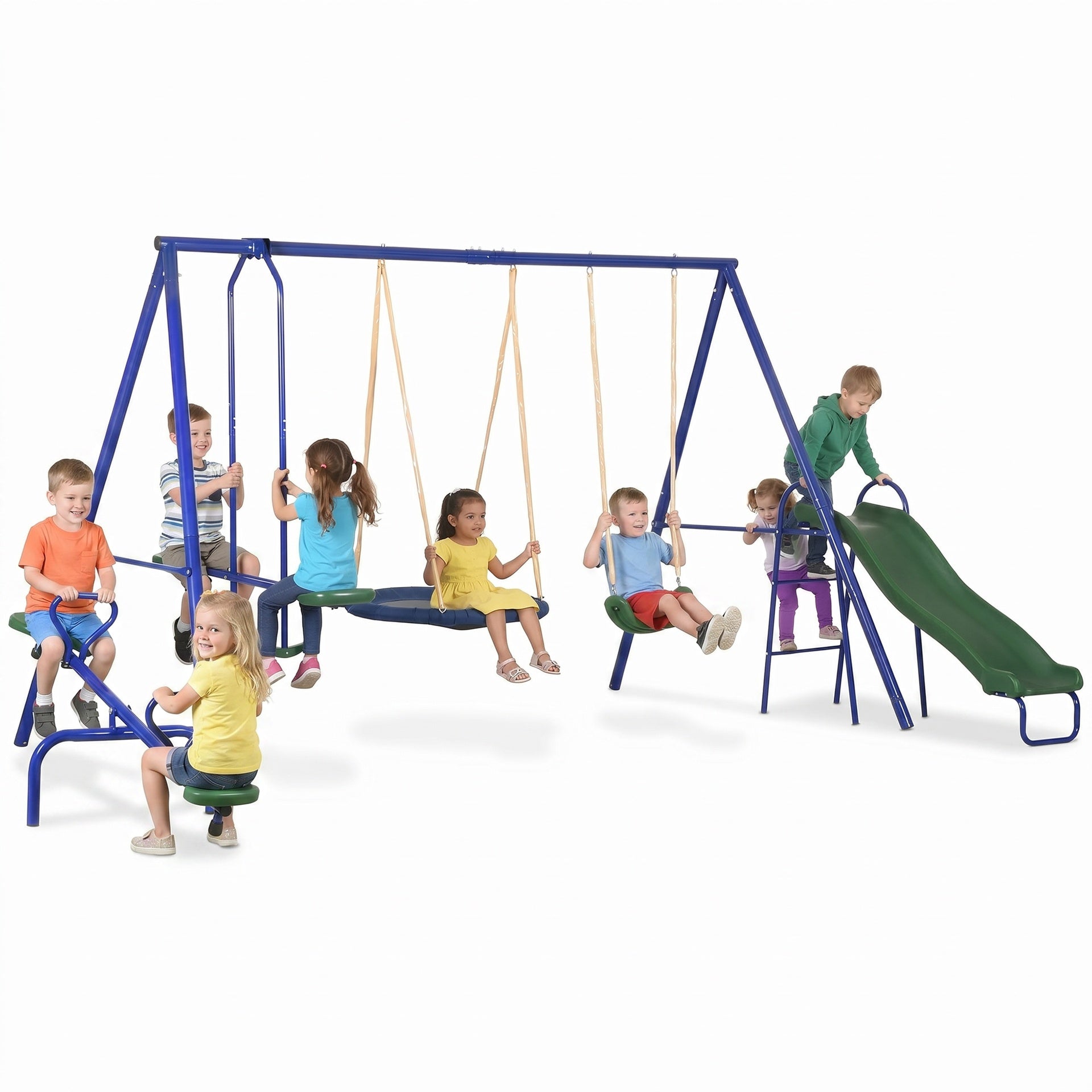 Outsunny Swing Set for Backyard, 5 in 1 Outdoor Playset for Kids with Heavy-Duty A-Frame Stand, 29.5" Saucer Swing, Slide, Teeter-Totter, Glider, 693 Lbs Load, Blue