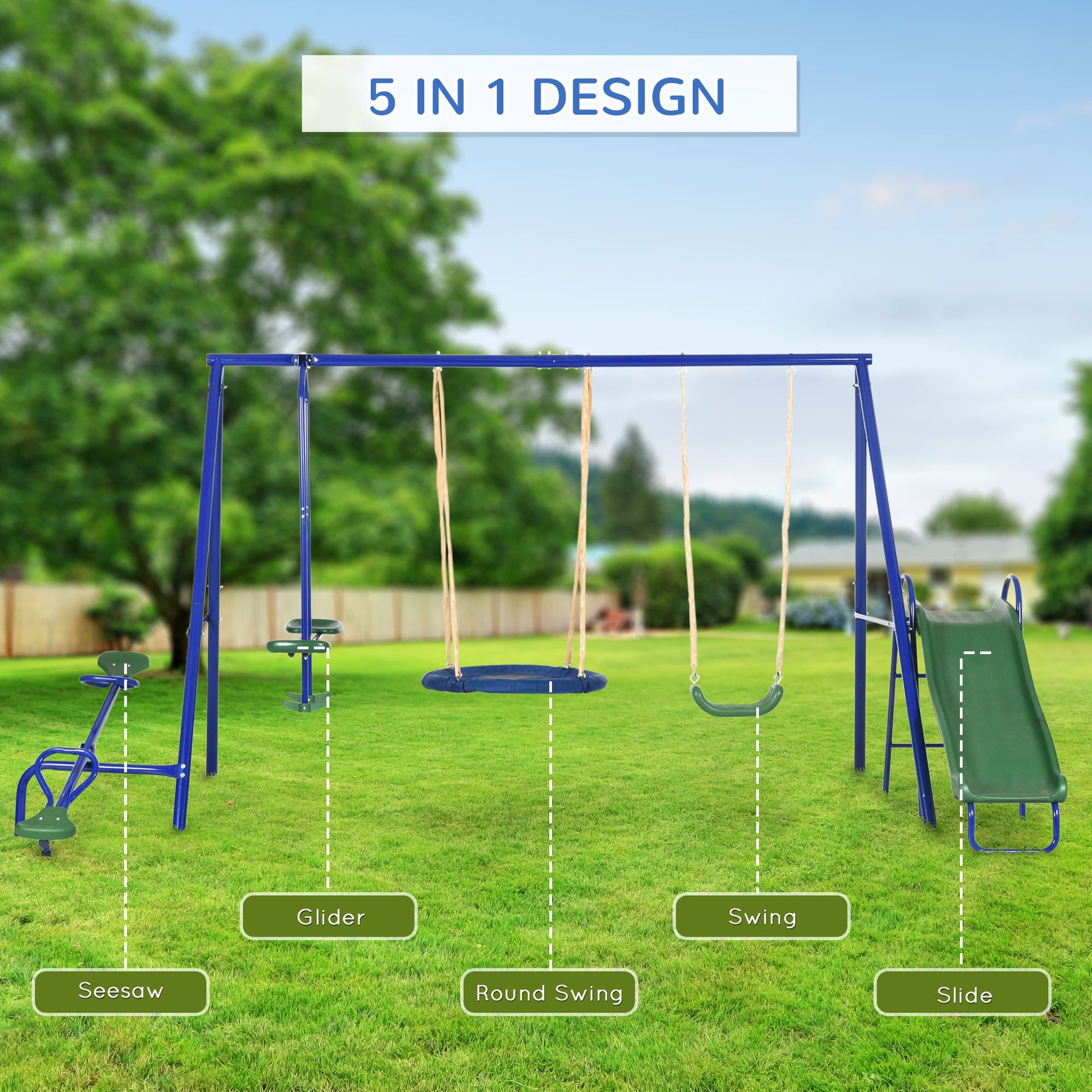 Outsunny Swing Set for Backyard, 5 in 1 Outdoor Playset for Kids with Heavy-Duty A-Frame Stand, 29.5" Saucer Swing, Slide, Teeter-Totter, Glider, 693 Lbs Load, Blue