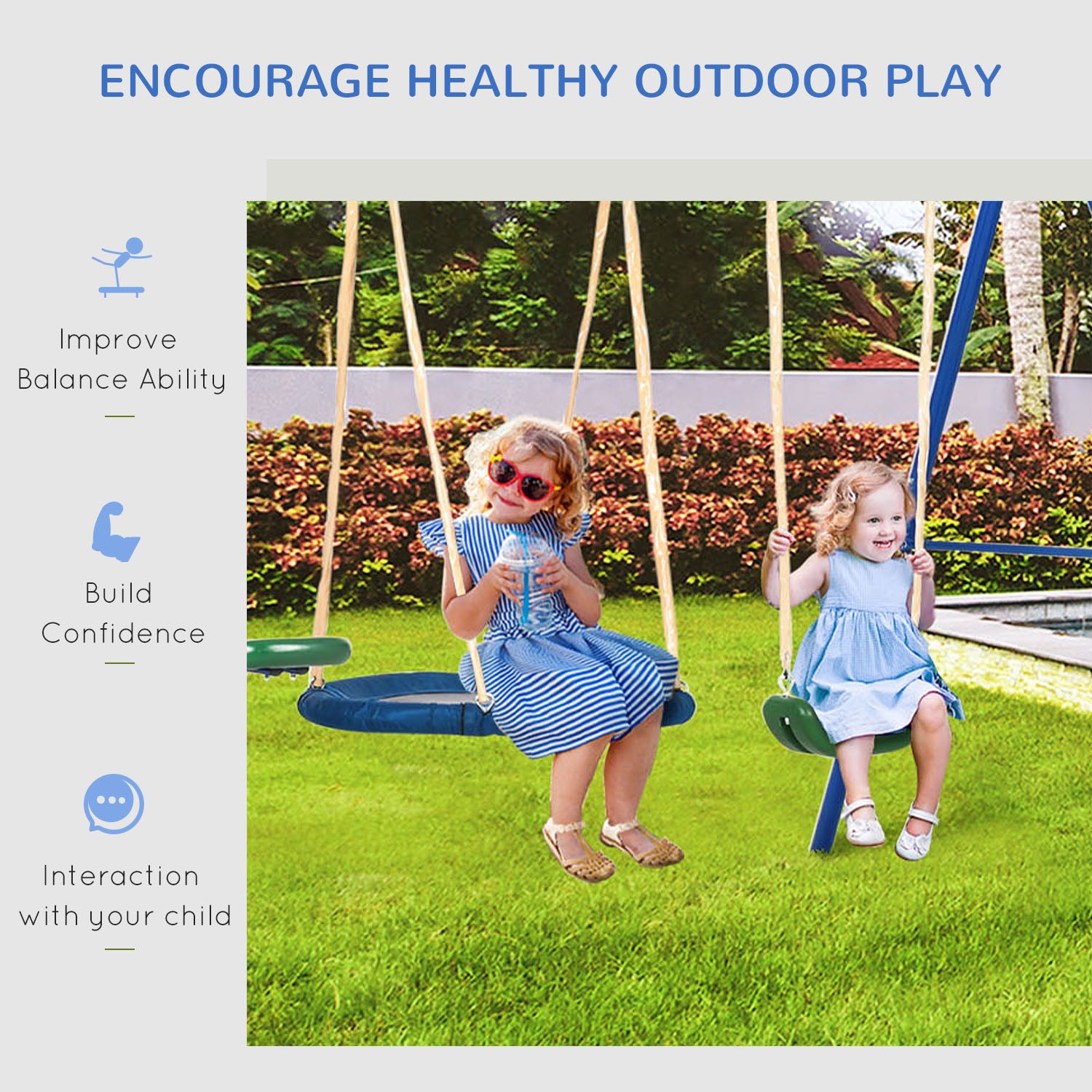Outsunny Swing Set for Backyard, 5 in 1 Outdoor Playset for Kids with Heavy-Duty A-Frame Stand, 29.5" Saucer Swing, Slide, Teeter-Totter, Glider, 693 Lbs Load, Blue