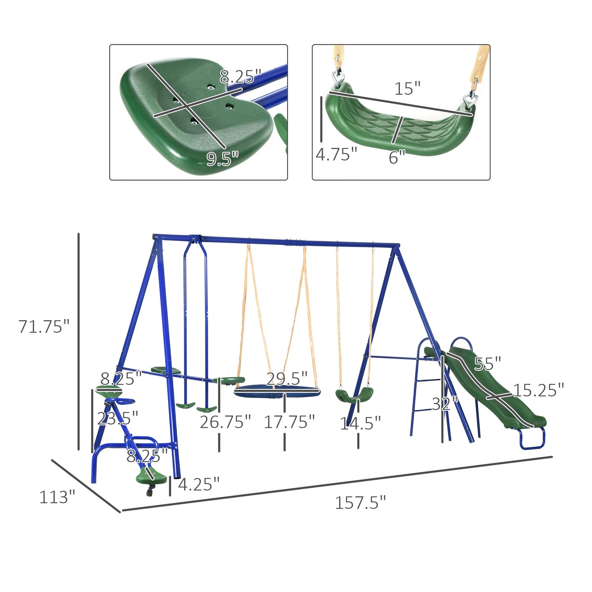 Outsunny Swing Set for Backyard, 5 in 1 Outdoor Playset for Kids with Heavy-Duty A-Frame Stand, 29.5" Saucer Swing, Slide, Teeter-Totter, Glider, 693 Lbs Load, Blue