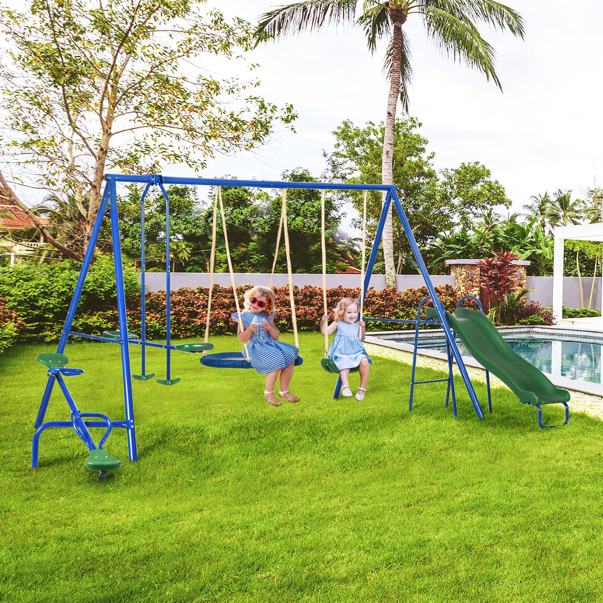 Outsunny Swing Set for Backyard, 5 in 1 Outdoor Playset for Kids with Heavy-Duty A-Frame Stand, 29.5" Saucer Swing, Slide, Teeter-Totter, Glider, 693 Lbs Load, Blue