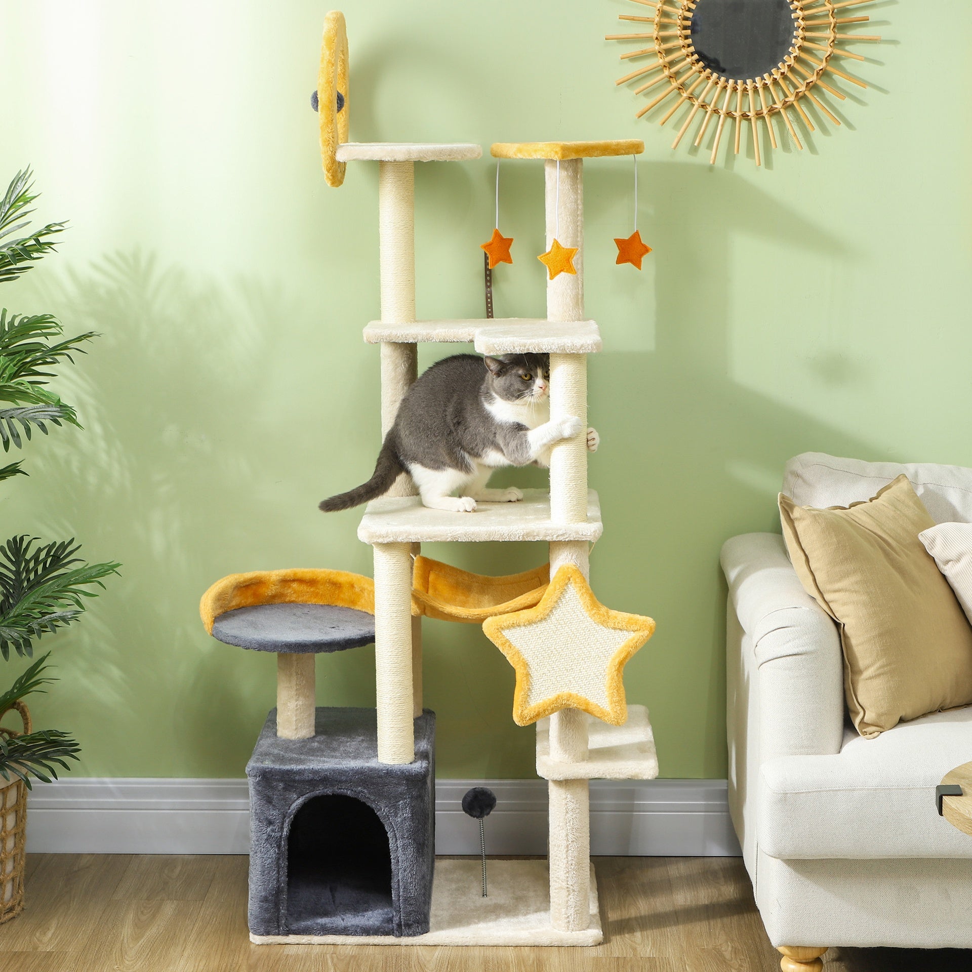 PawHut 63 Inch Moon and Star Themed Cat Tree with Scratching Post, Hammock, Condo, Bed, Scratching Board & Cat Toys, Beige