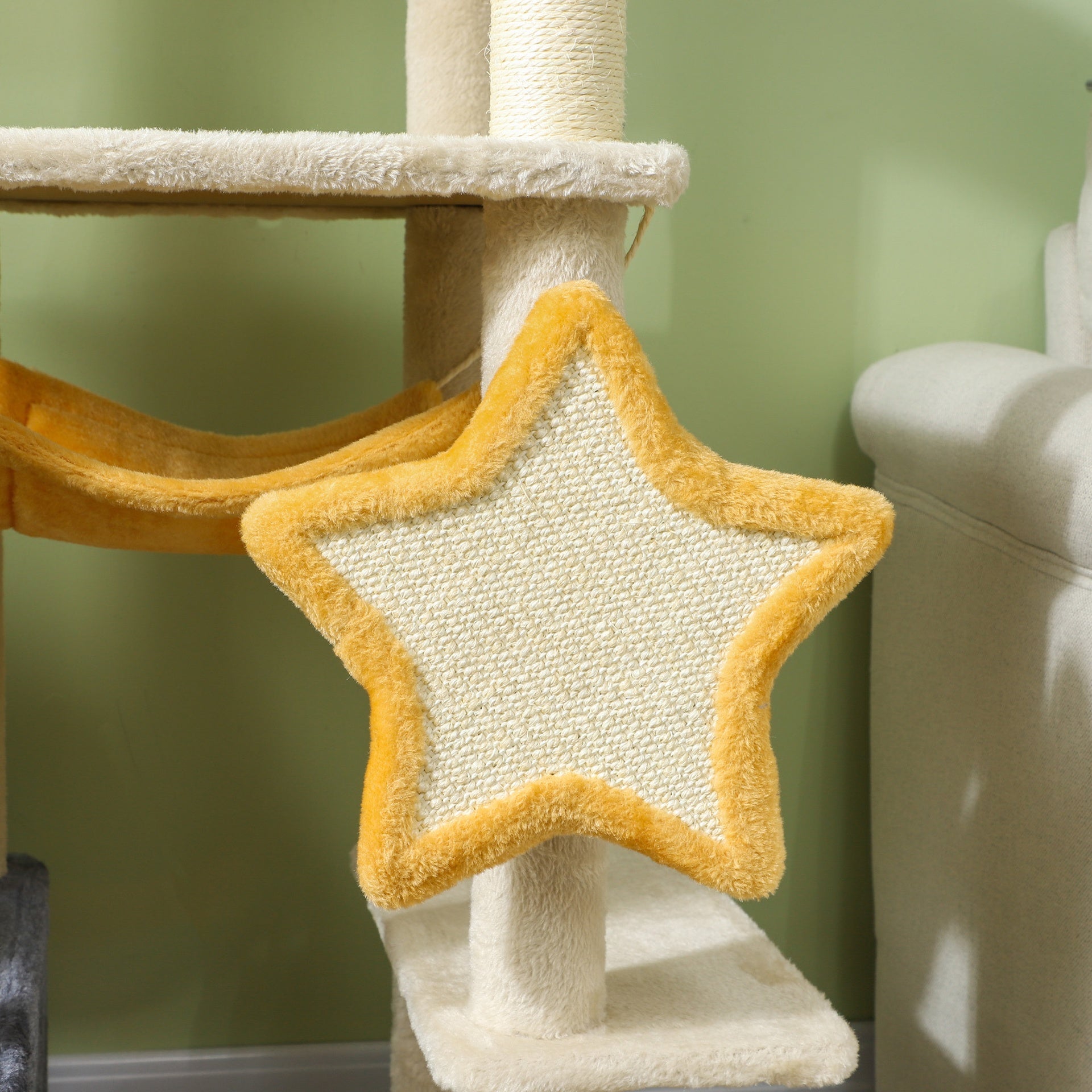 PawHut 63 Inch Moon and Star Themed Cat Tree with Scratching Post, Hammock, Condo, Bed, Scratching Board & Cat Toys, Beige