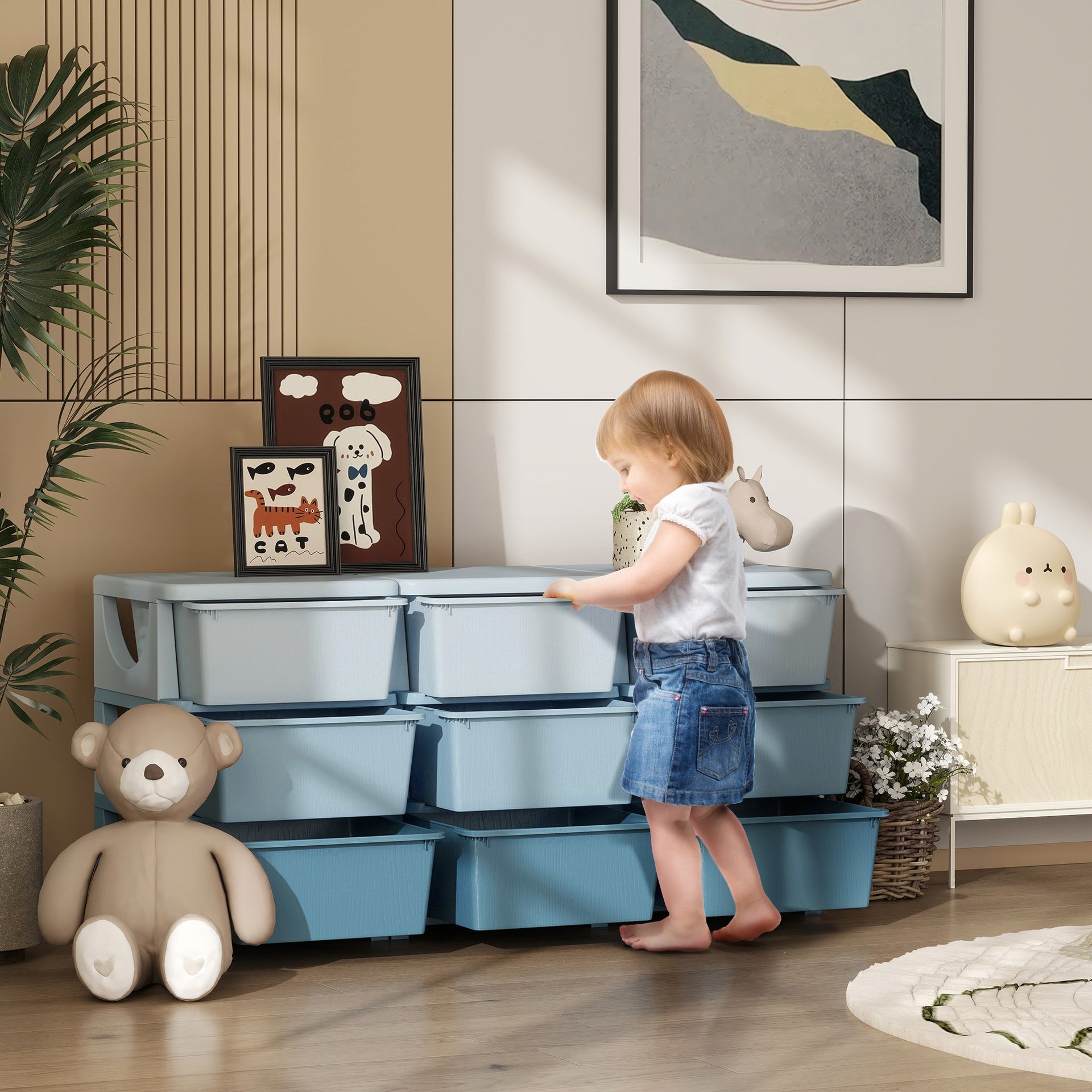 Qaba 29.5" 3 Tier Kids Storage Unit Dresser Tower w/ 9 Drawers, Blue