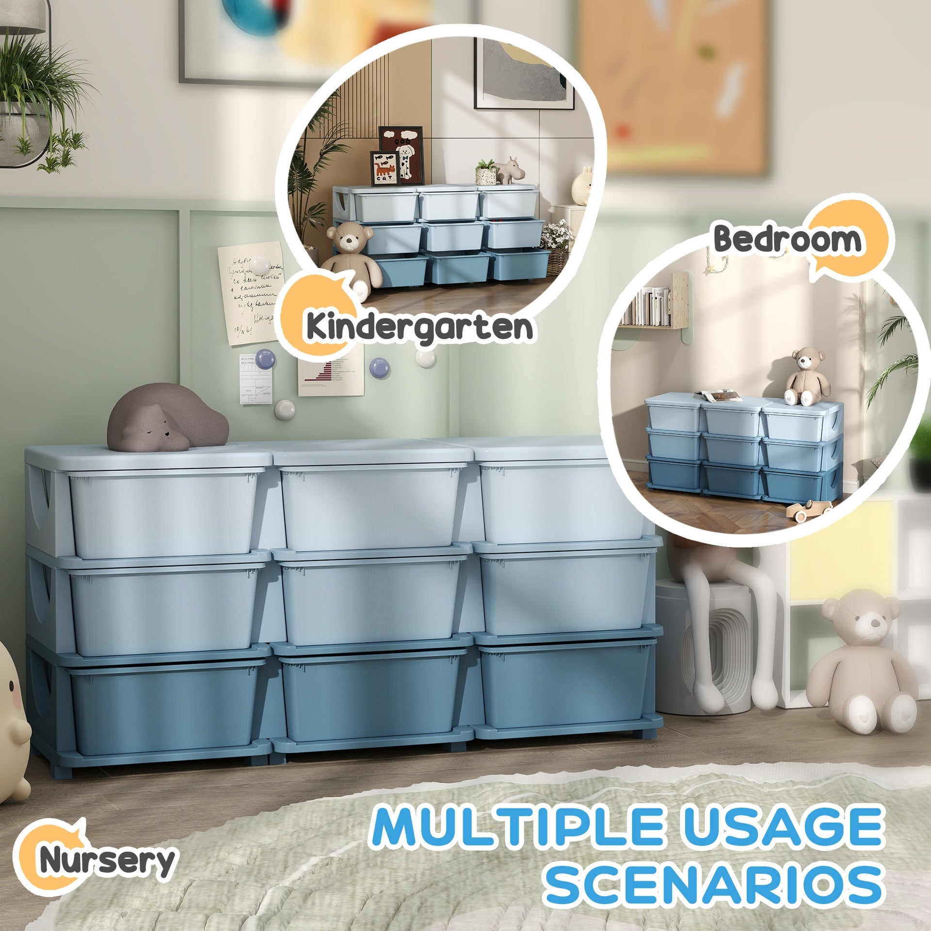 Qaba 29.5" 3 Tier Kids Storage Unit Dresser Tower w/ 9 Drawers, Blue