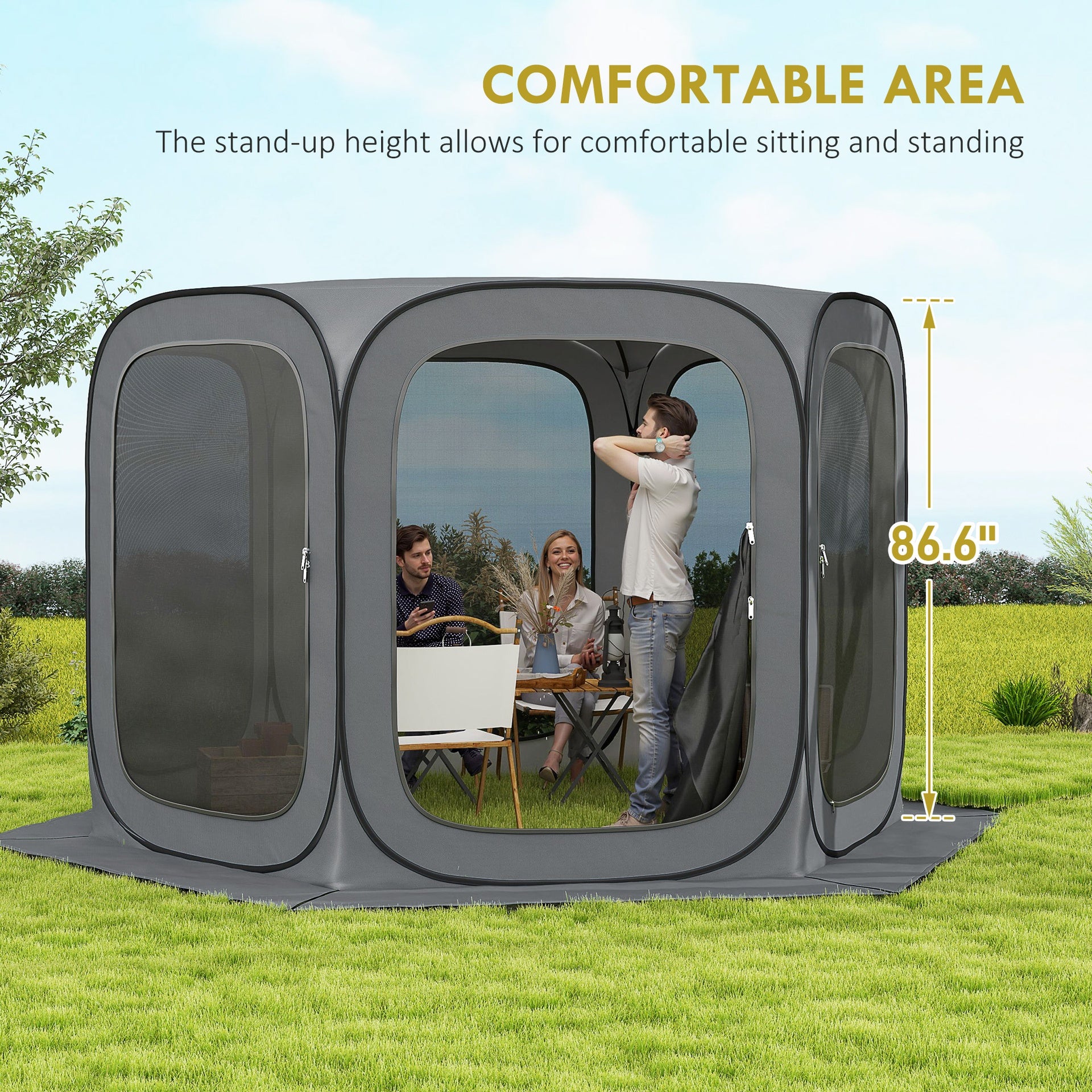 Outsunny 11 x 11ft Pop Up Screen Tent, UPF50+ Portable Camping Gazebo Screen House with Carry Bag, Dark Gray