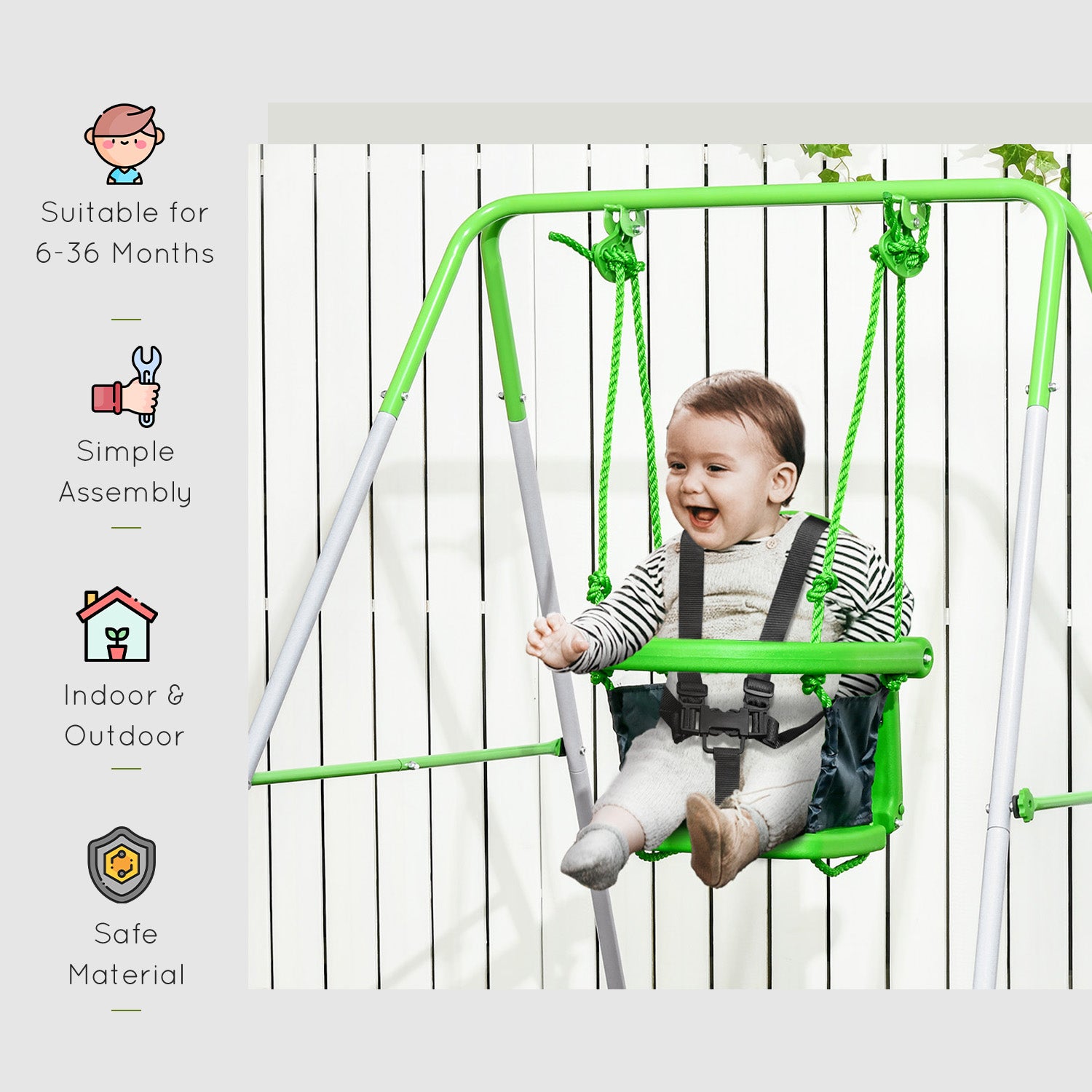 Outsunny Toddler Swing Set with Metal Stand, Safety Seat Belt for Kids Aged 6-36 Months, Backyard Indoor & Outdoor Use, Green