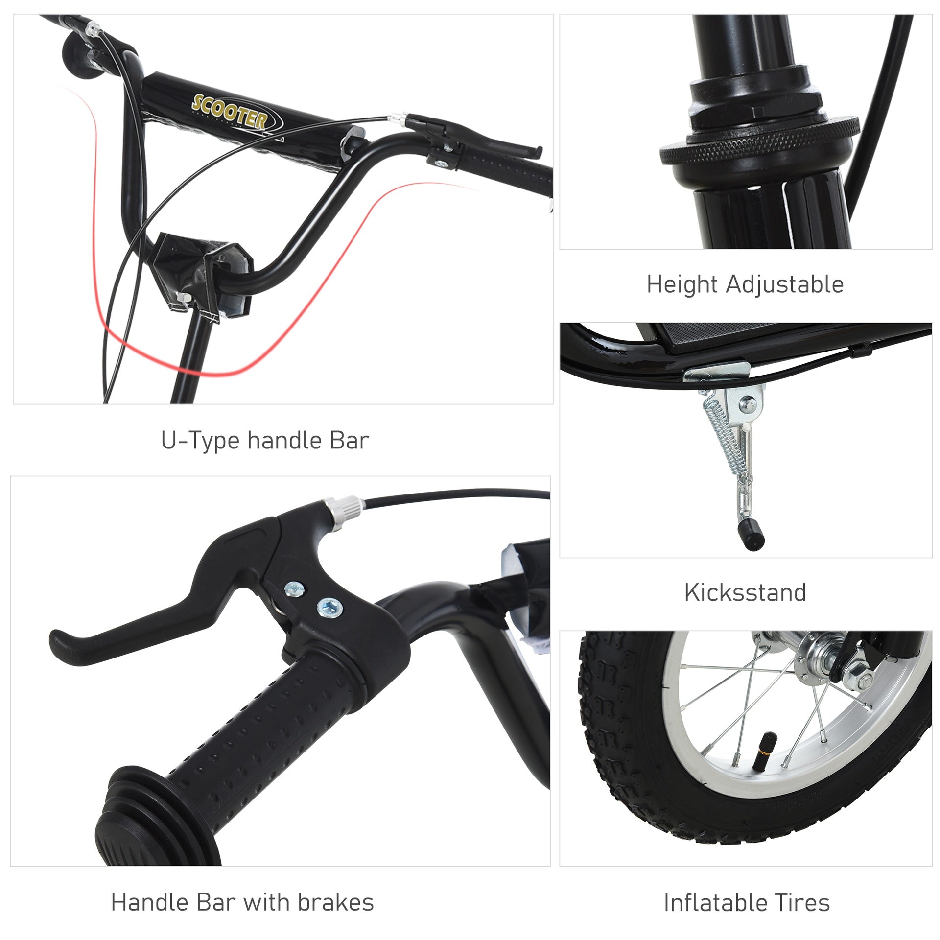 Aosom Youth Scooter Front and Rear Caliper Dual Brakes 12-Inch Inflatable Front Wheel Ride On Toy For Age 5+ - Black