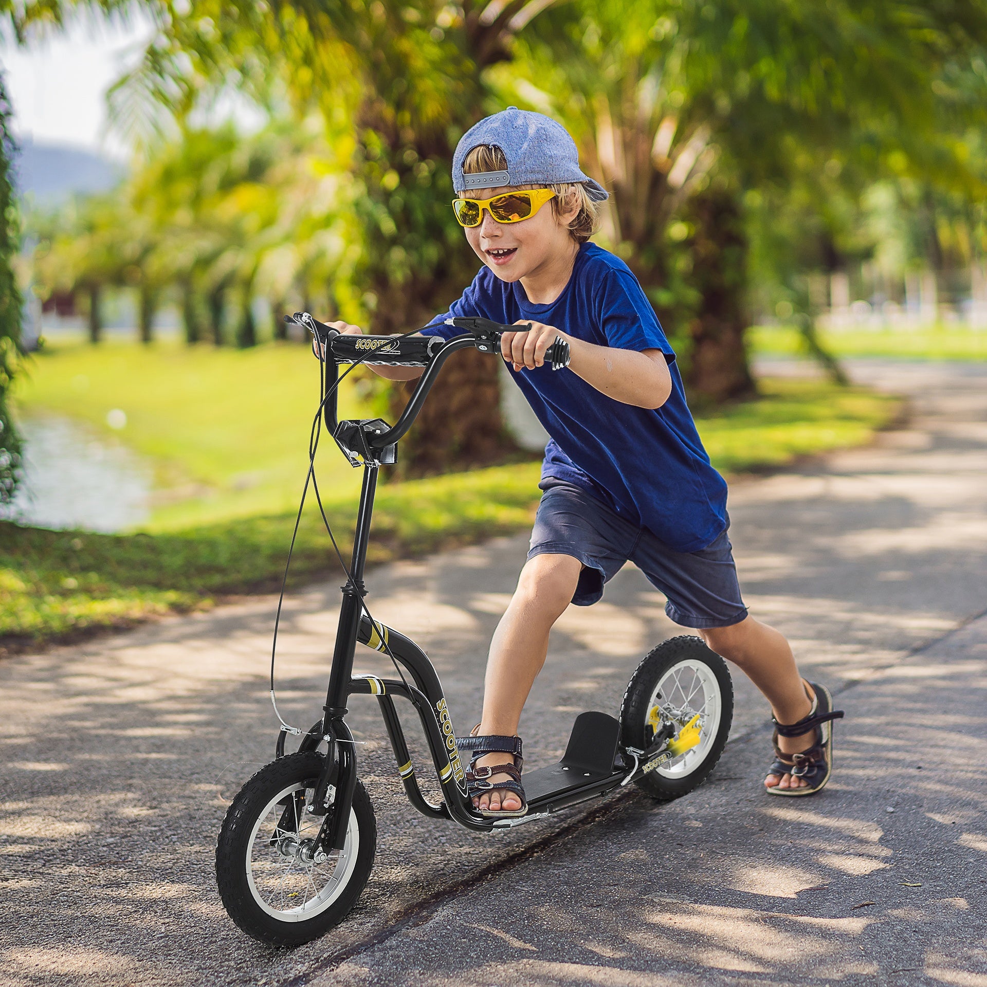 Aosom Youth Scooter Front and Rear Caliper Dual Brakes 12-Inch Inflatable Front Wheel Ride On Toy For Age 5+ - Black