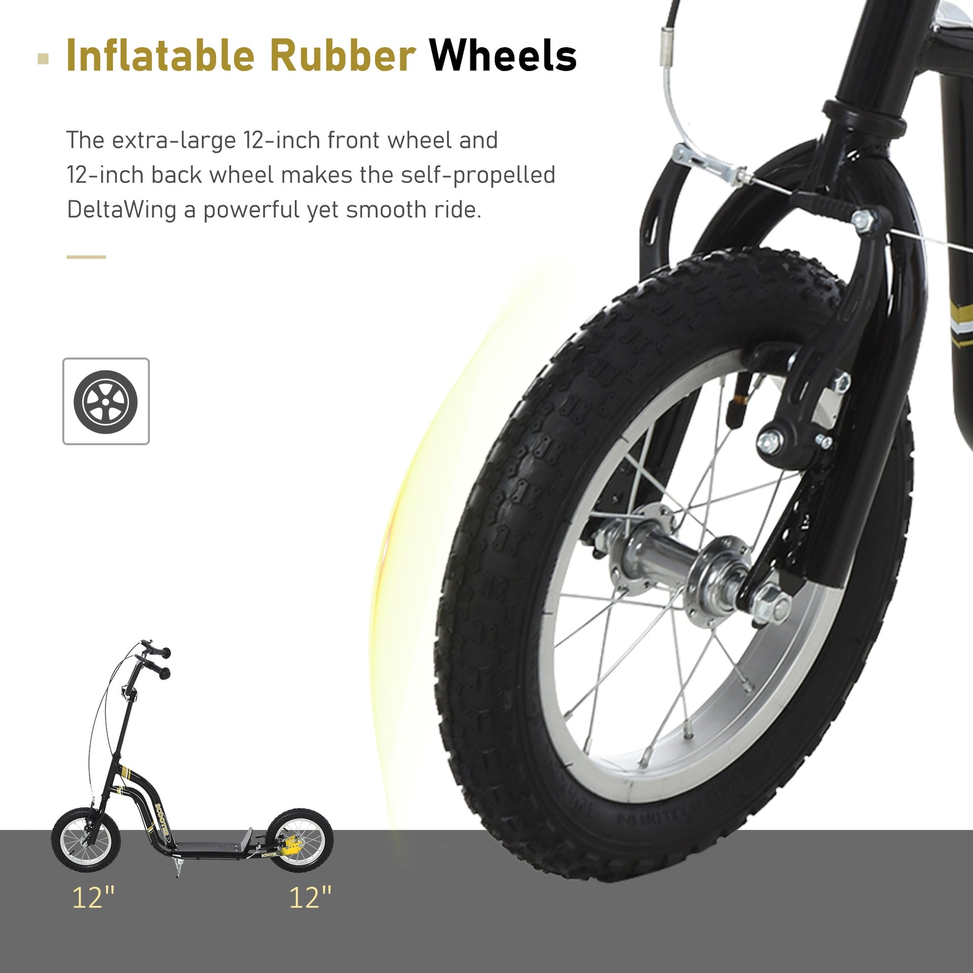 Aosom Youth Scooter Front and Rear Caliper Dual Brakes 12-Inch Inflatable Front Wheel Ride On Toy For Age 5+ - Black