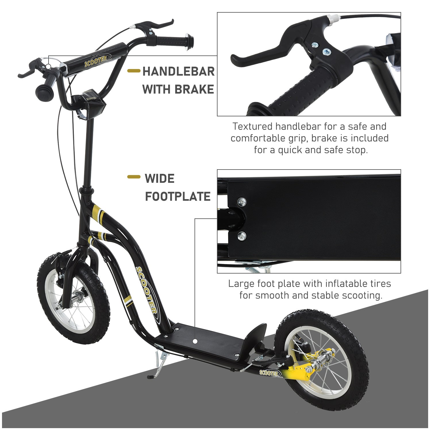 Aosom Youth Scooter Front and Rear Caliper Dual Brakes 12-Inch Inflatable Front Wheel Ride On Toy For Age 5+ - Black