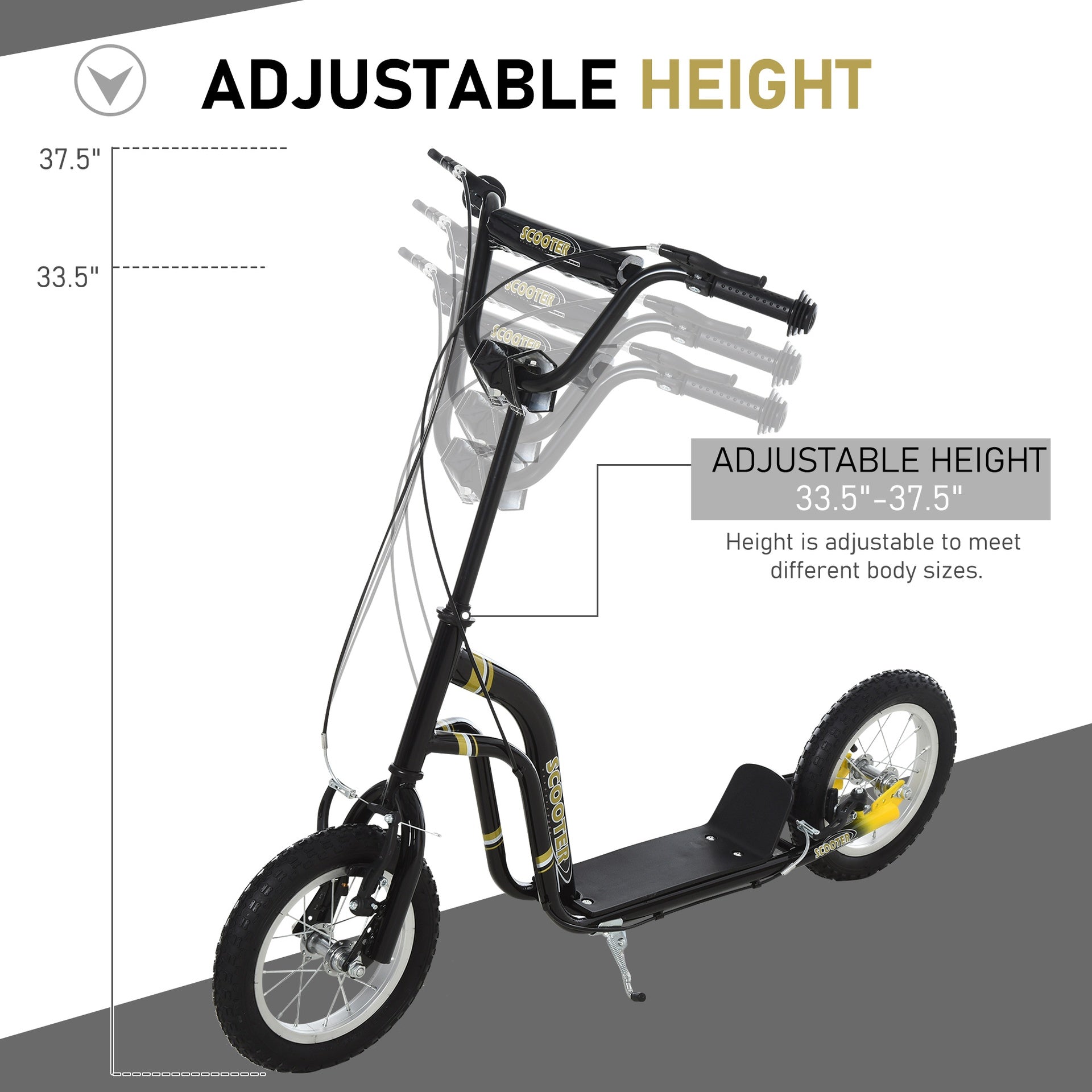 Aosom Youth Scooter Front and Rear Caliper Dual Brakes 12-Inch Inflatable Front Wheel Ride On Toy For Age 5+ - Black