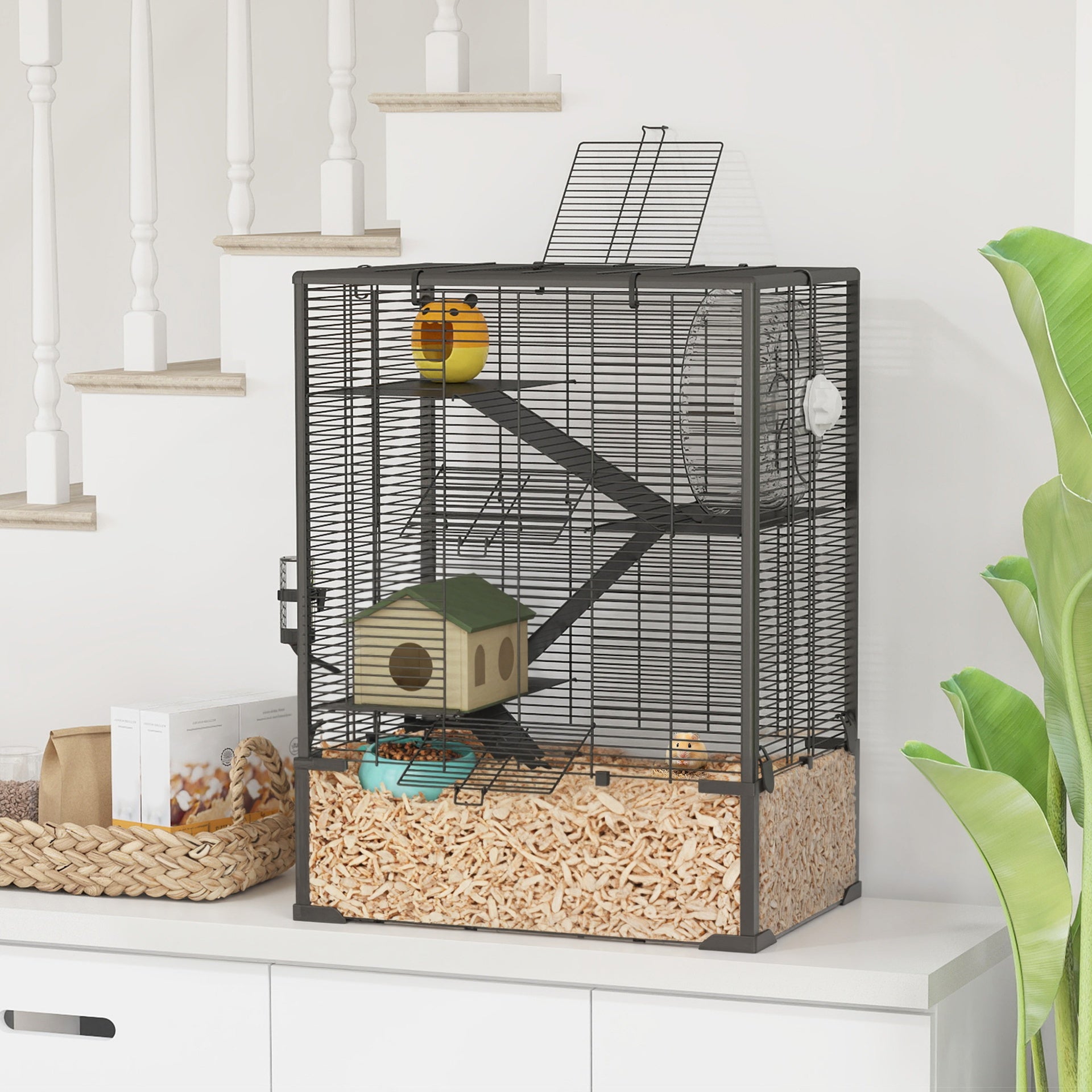 PawHut 4 Tier Hamster Cage with Deep Tempered Glass Bottom, Running Wheel, Hut, Water Bottle, Food Dish, 24" x 16" x 31.5"