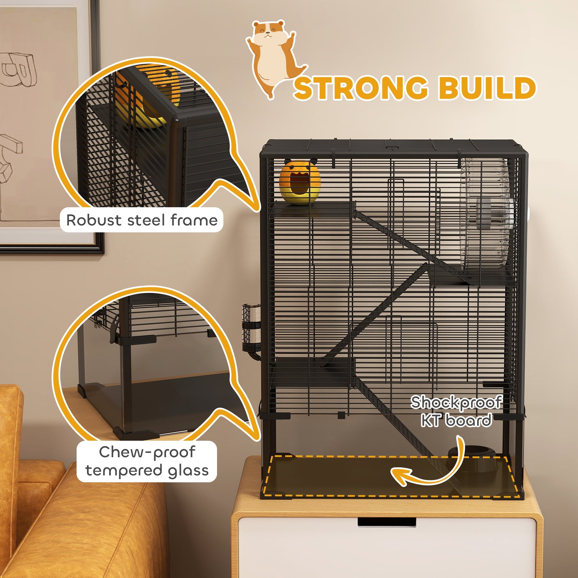 PawHut 4 Tier Hamster Cage with Deep Tempered Glass Bottom, Running Wheel, Hut, Water Bottle, Food Dish, 24" x 16" x 31.5"