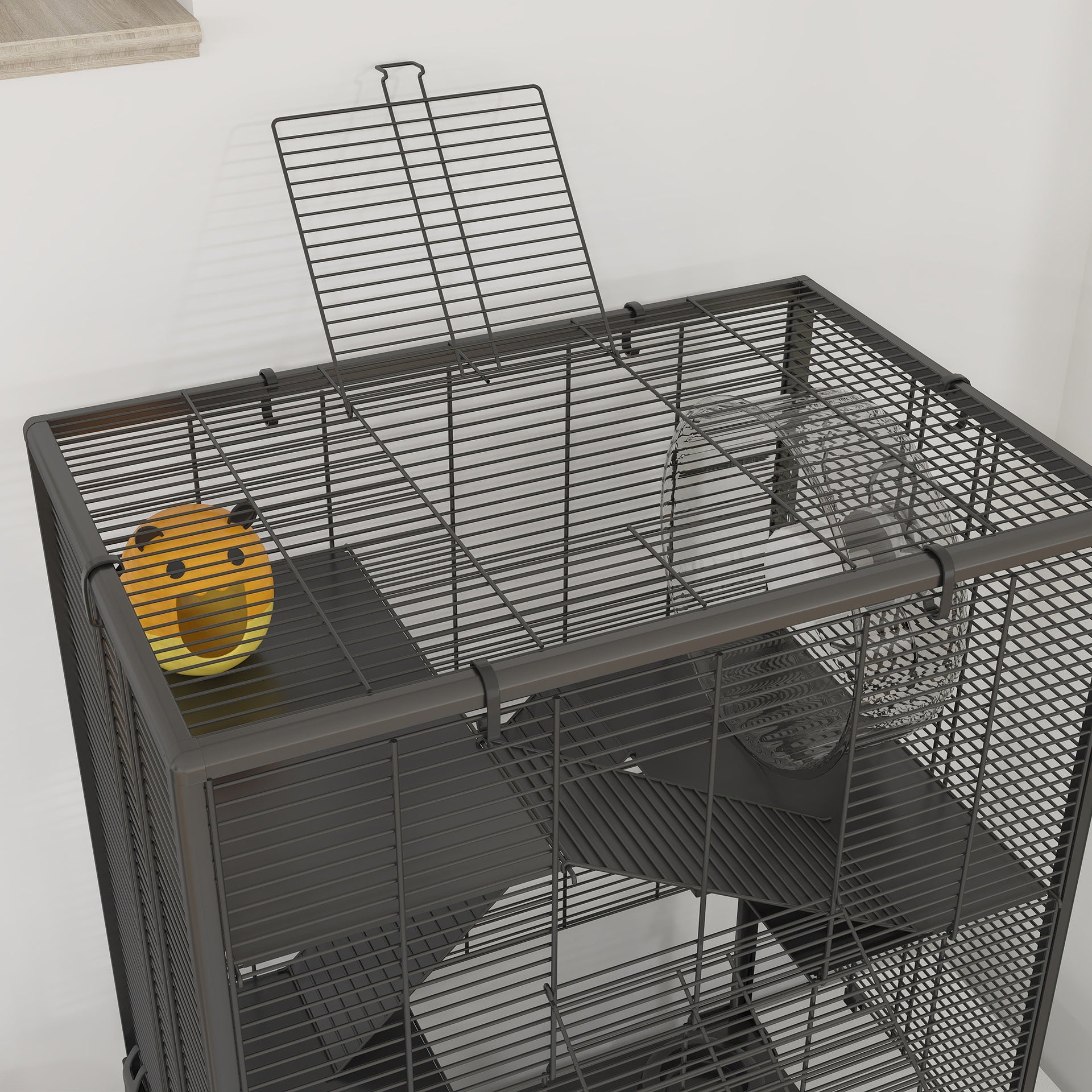 PawHut 4 Tier Hamster Cage with Deep Tempered Glass Bottom, Running Wheel, Hut, Water Bottle, Food Dish, 24" x 16" x 31.5"