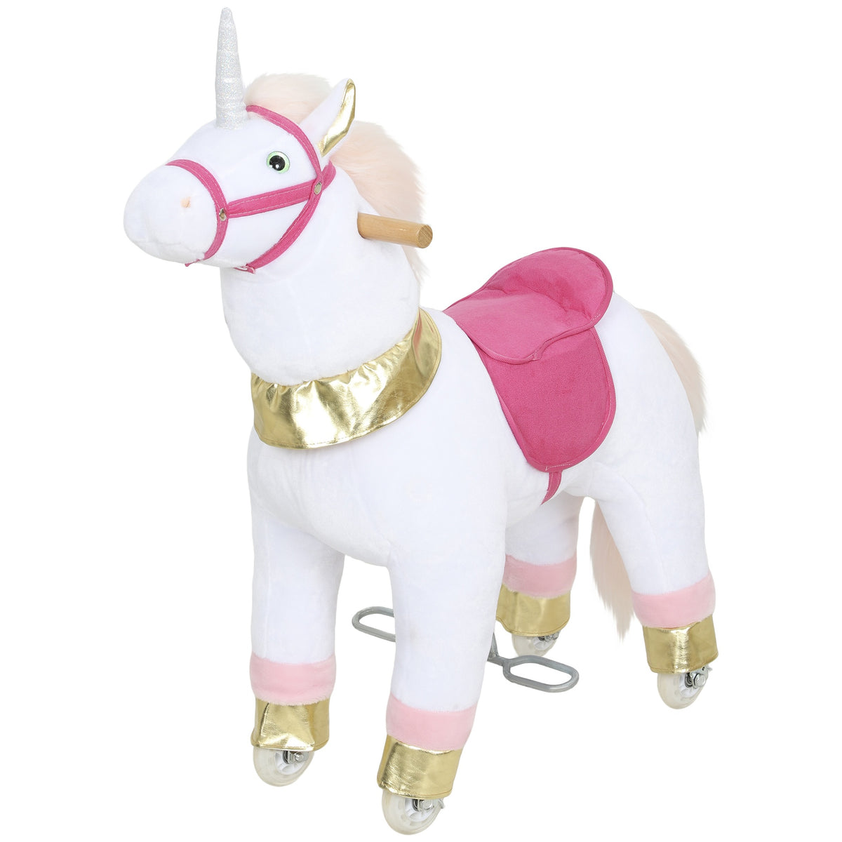 Qaba Ride on Unicorn Toy for Kids 3-5 Years, 29.5 Inch Plush Baby Rocking Horse with Wheels, No Battery Required, White
