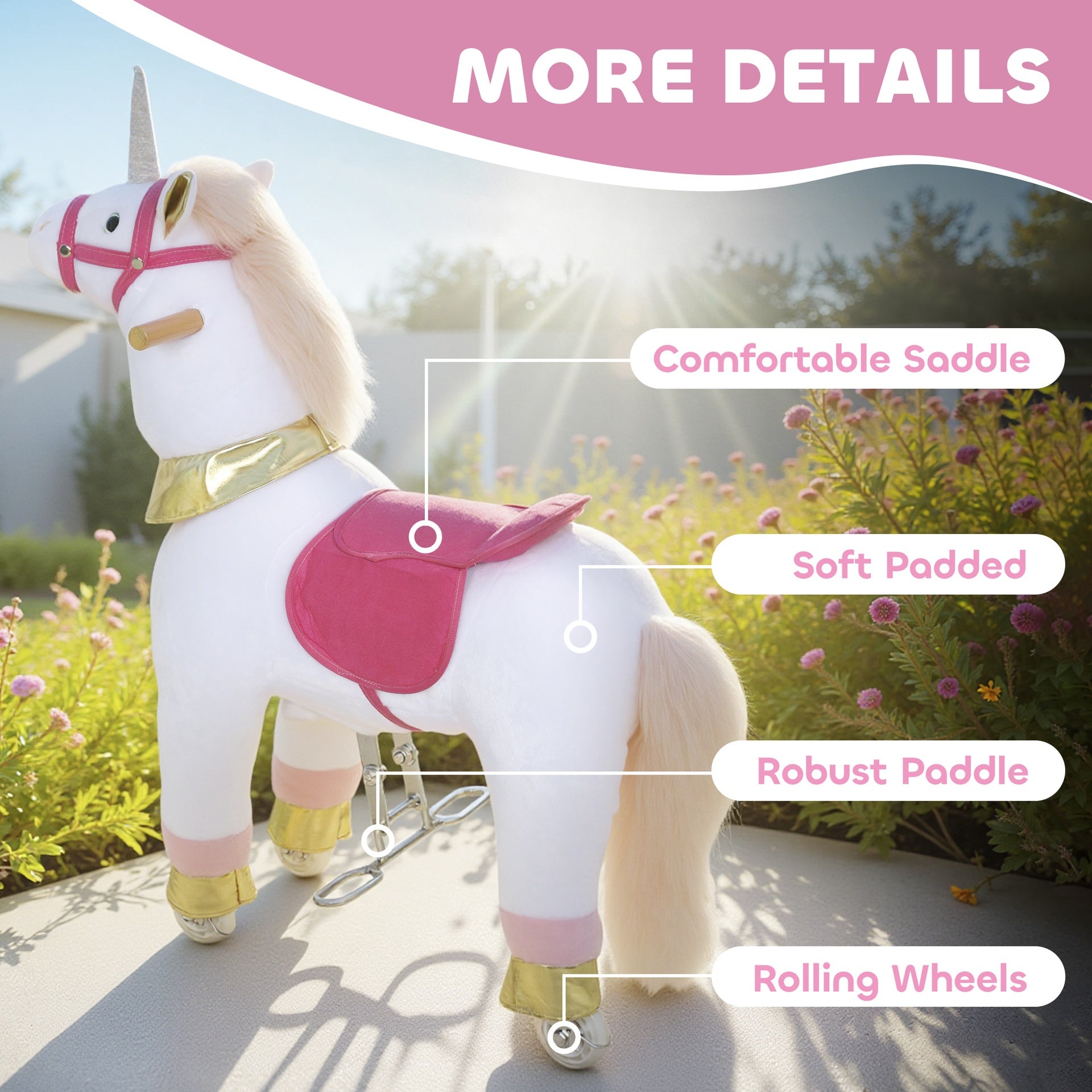 Qaba Ride on Unicorn Toy for Kids 3-5 Years, 29.5 Inch Plush Baby Rocking Horse with Wheels, No Battery Required, White
