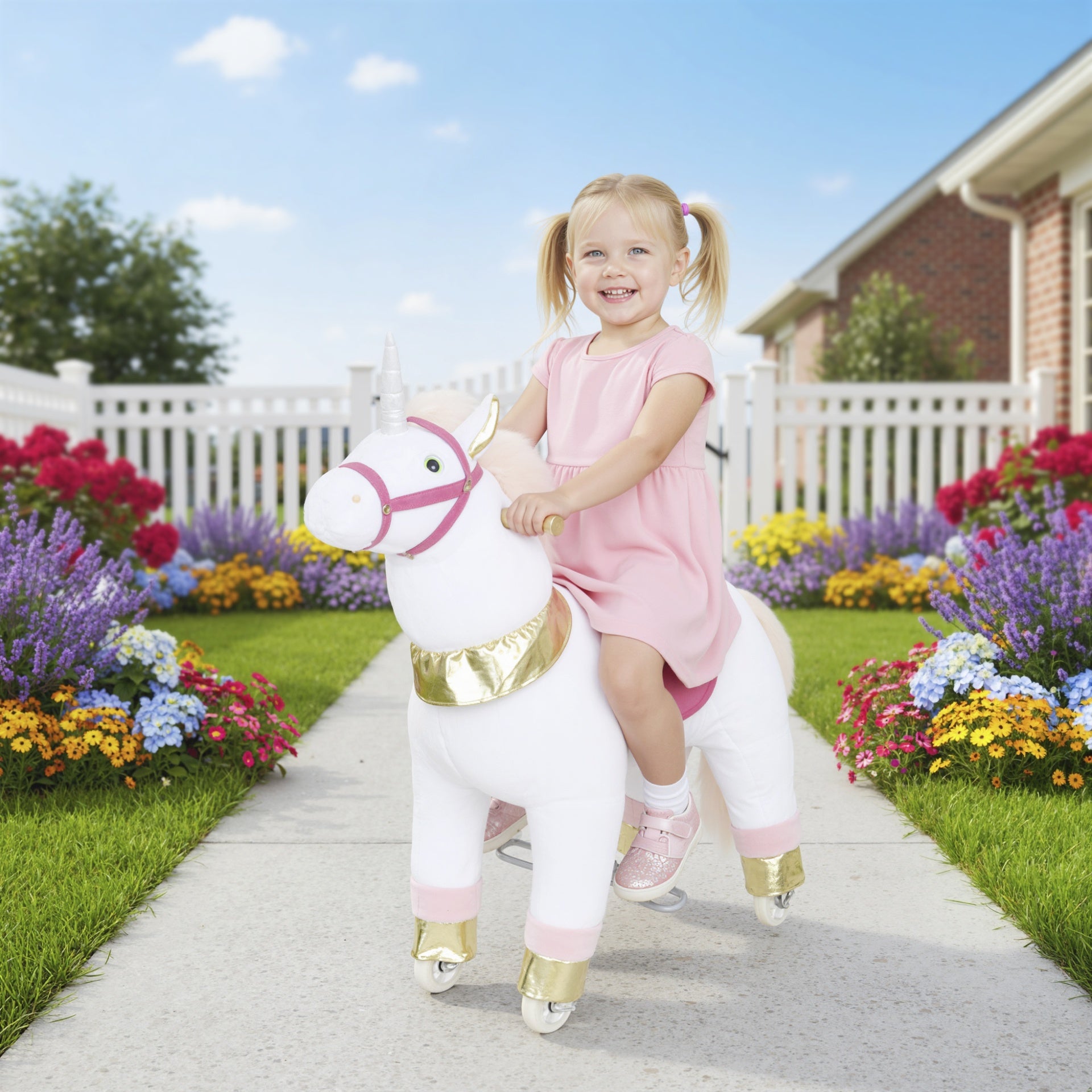 Qaba Ride on Unicorn Toy for Kids 3-5 Years, 29.5 Inch Plush Baby Rocking Horse with Wheels, No Battery Required, White