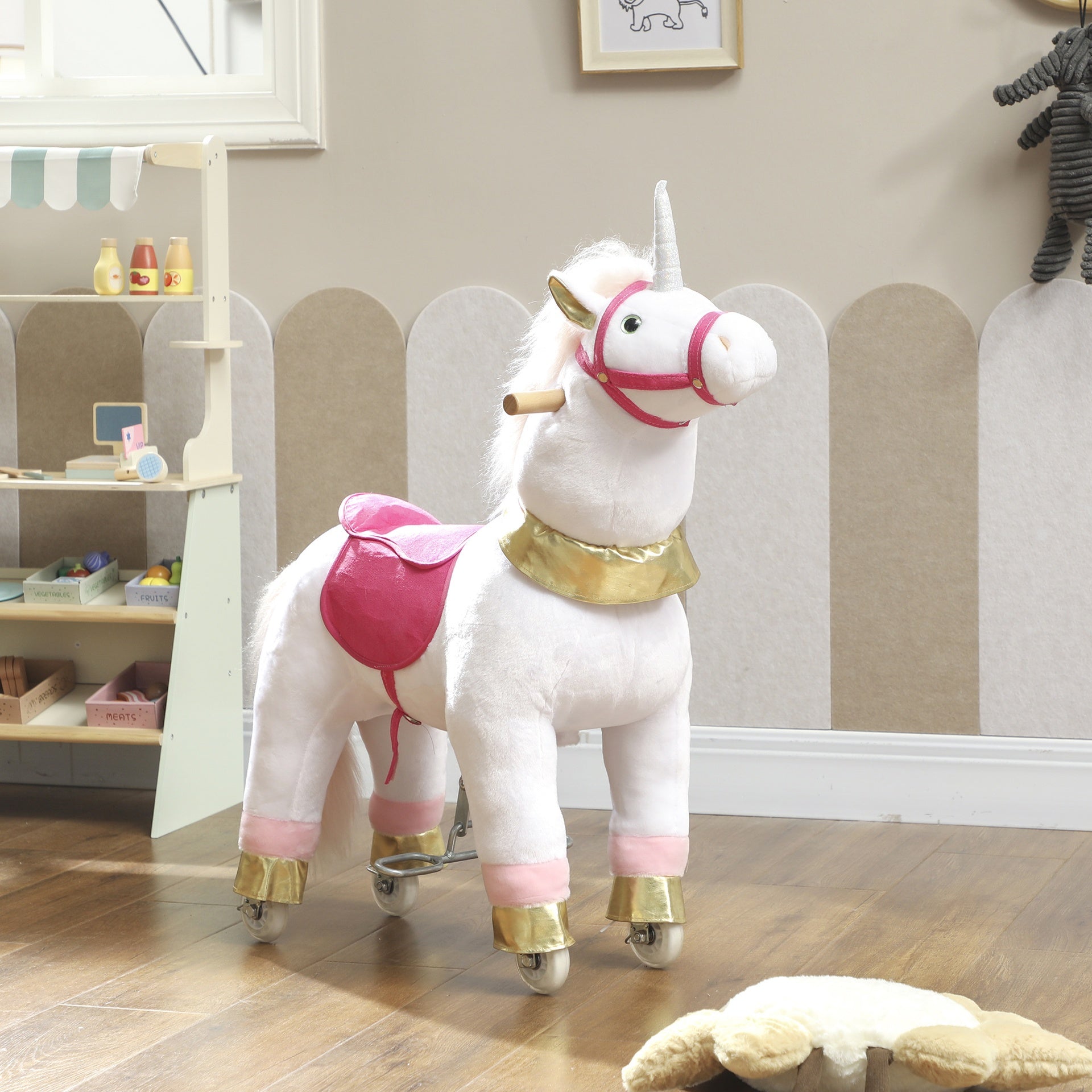 Qaba Ride on Unicorn Toy for Kids 3-5 Years, 29.5 Inch Plush Baby Rocking Horse with Wheels, No Battery Required, White