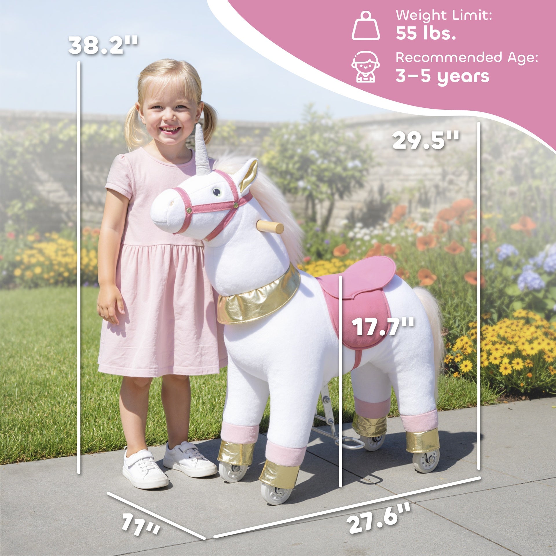 Qaba Ride on Unicorn Toy for Kids 3-5 Years, 29.5 Inch Plush Baby Rocking Horse with Wheels, No Battery Required, White