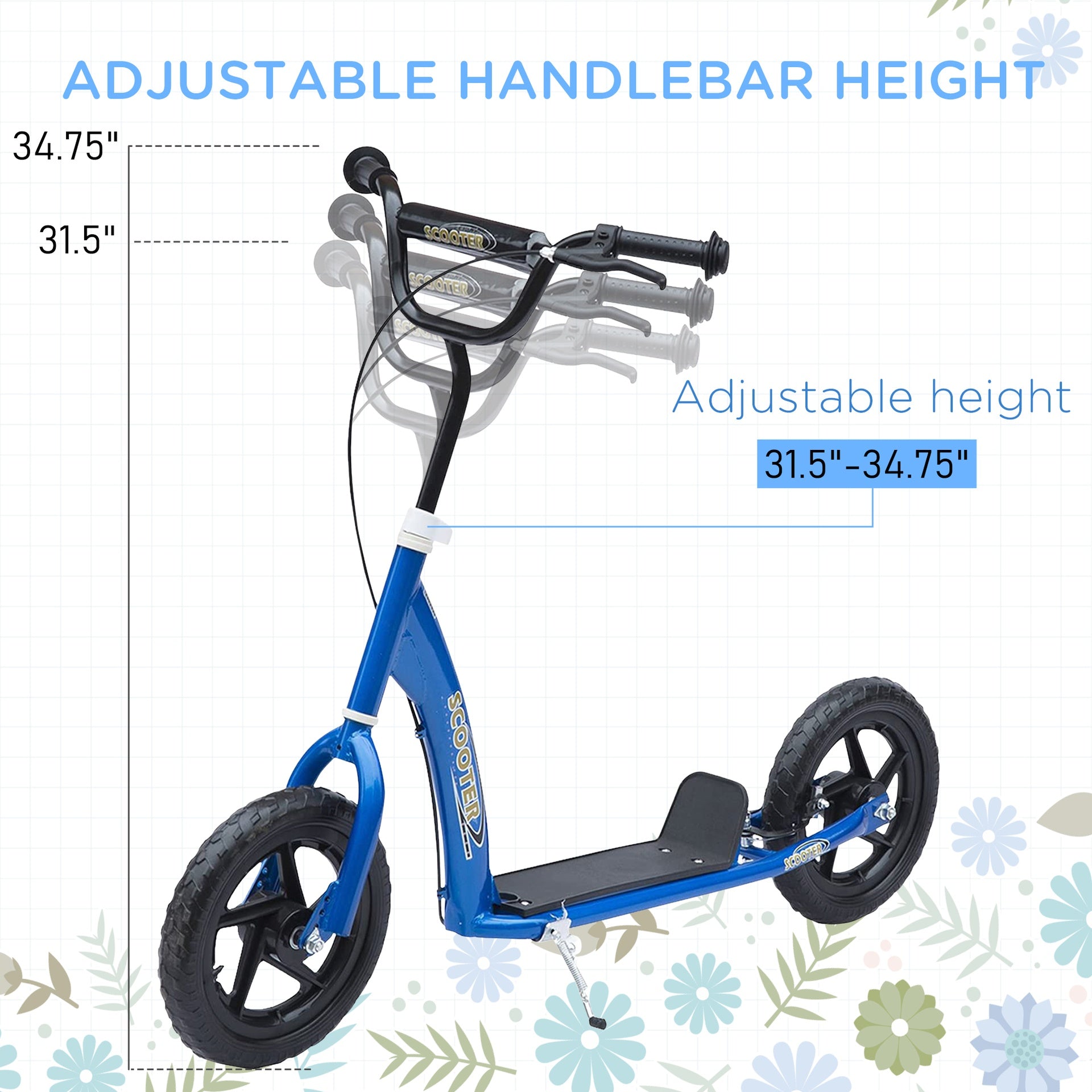 HOMCOM Kick Scooter for Kids 5-12 Years Old with Adjustable Height Handlebar, Non-slip Footplate, Big Wheels, Rear Brake, Blue