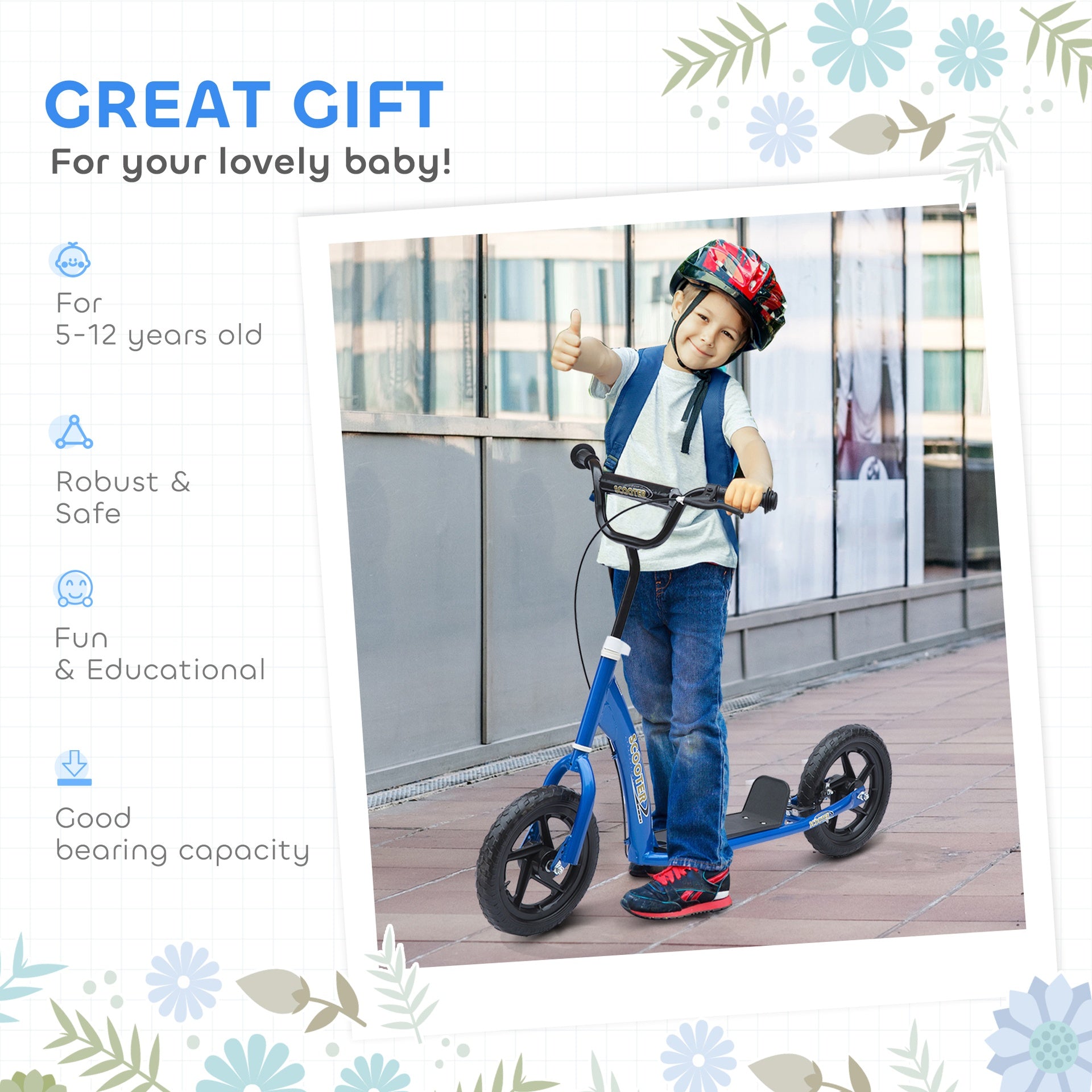 HOMCOM Kick Scooter for Kids 5-12 Years Old with Adjustable Height Handlebar, Non-slip Footplate, Big Wheels, Rear Brake, Blue