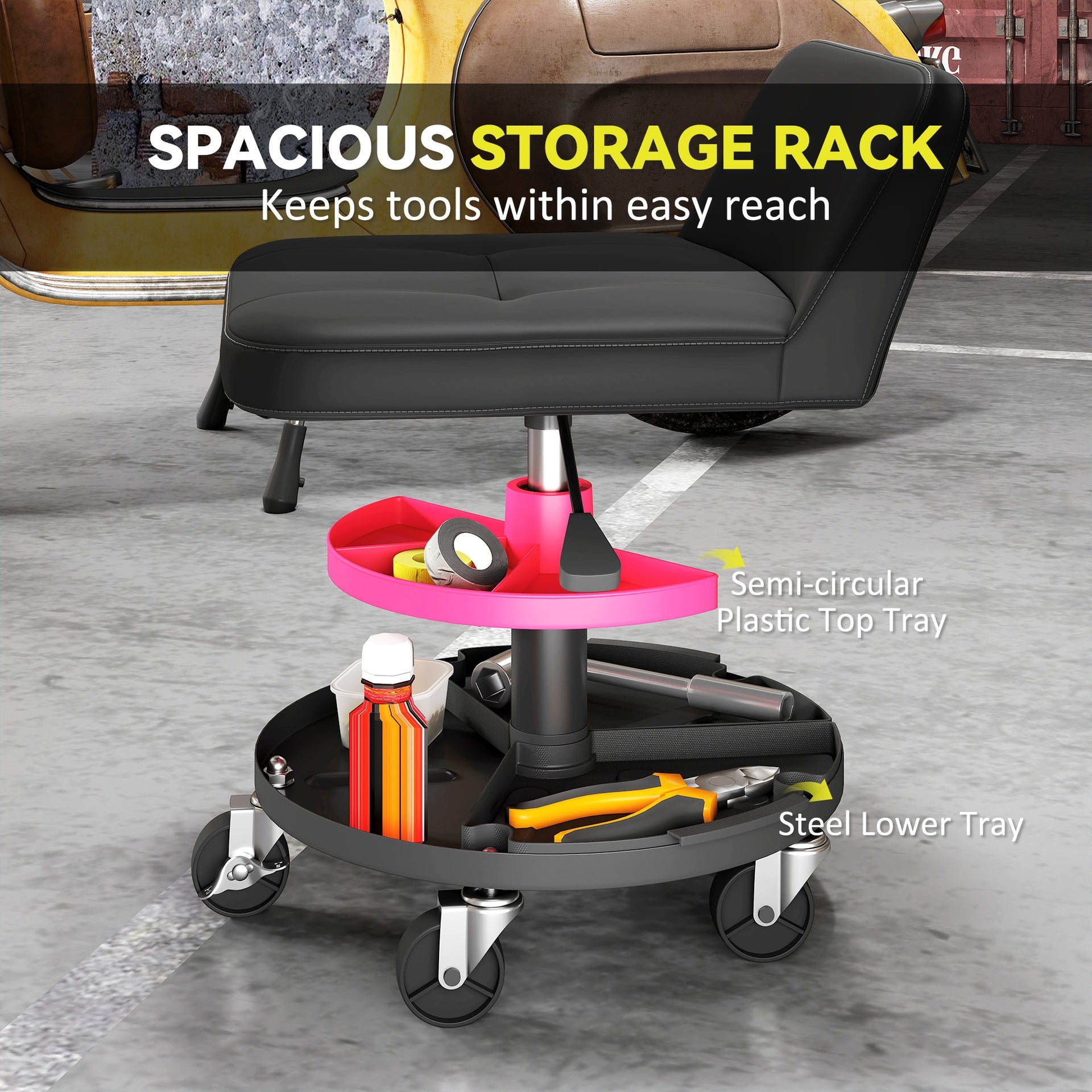 HOMCOM Rolling Creeper Garage Stool, 300 LBS Capacity Mechanic Stool with 360° Wheels, Tool Tray, Adjustable Height, Black