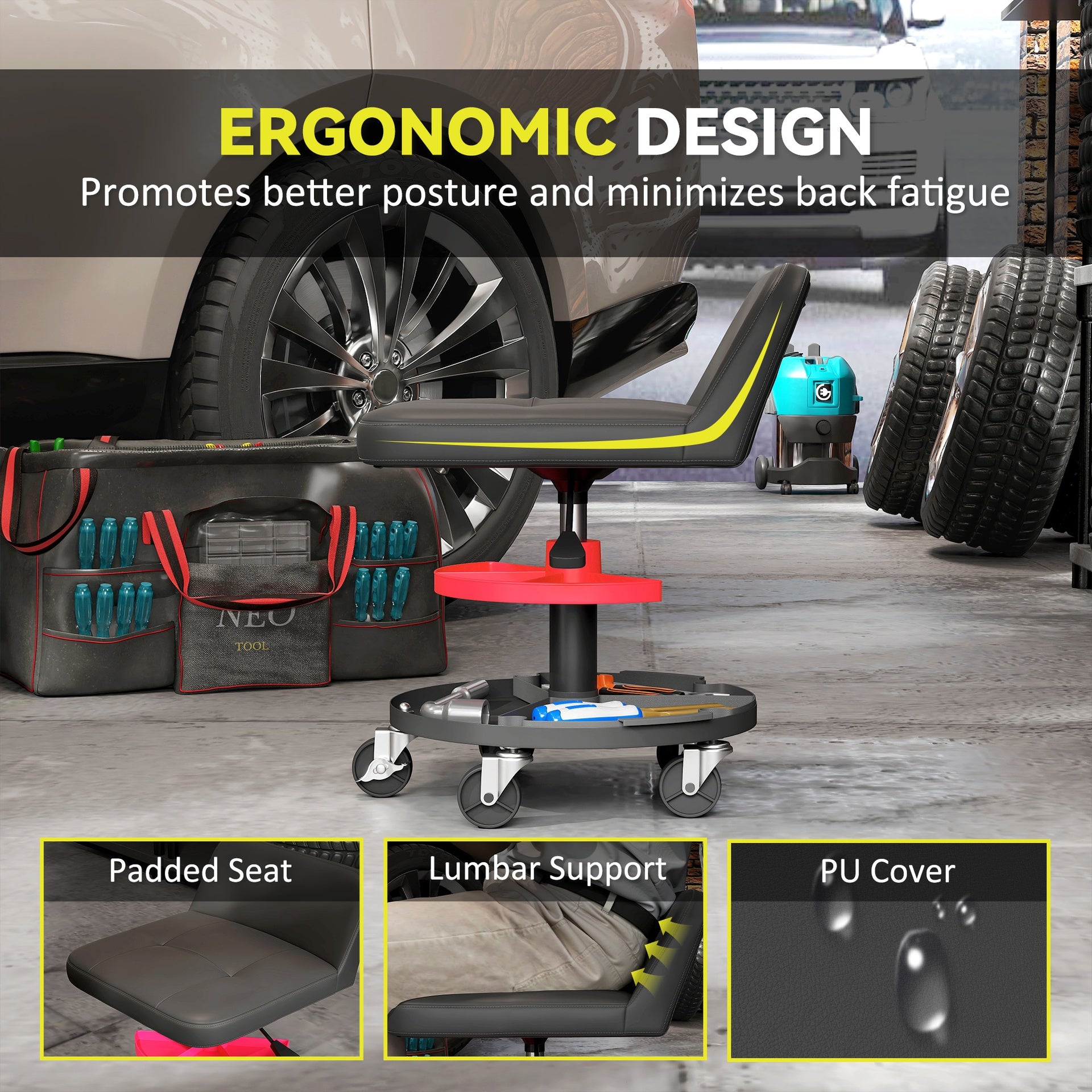 HOMCOM Rolling Creeper Garage Stool, 300 LBS Capacity Mechanic Stool with 360° Wheels, Tool Tray, Adjustable Height, Black