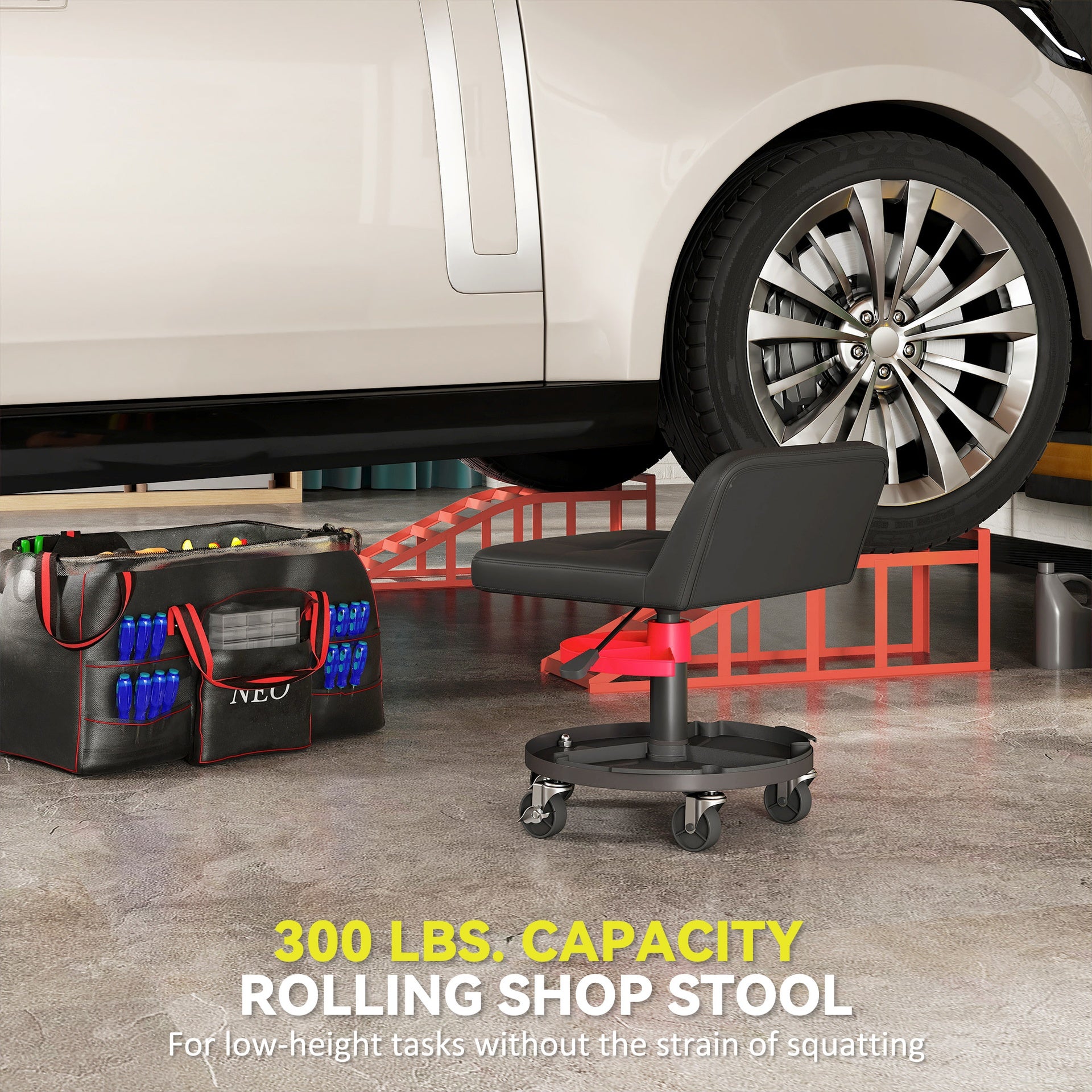 HOMCOM Rolling Creeper Garage Stool, 300 LBS Capacity Mechanic Stool with 360° Wheels, Tool Tray, Adjustable Height, Black