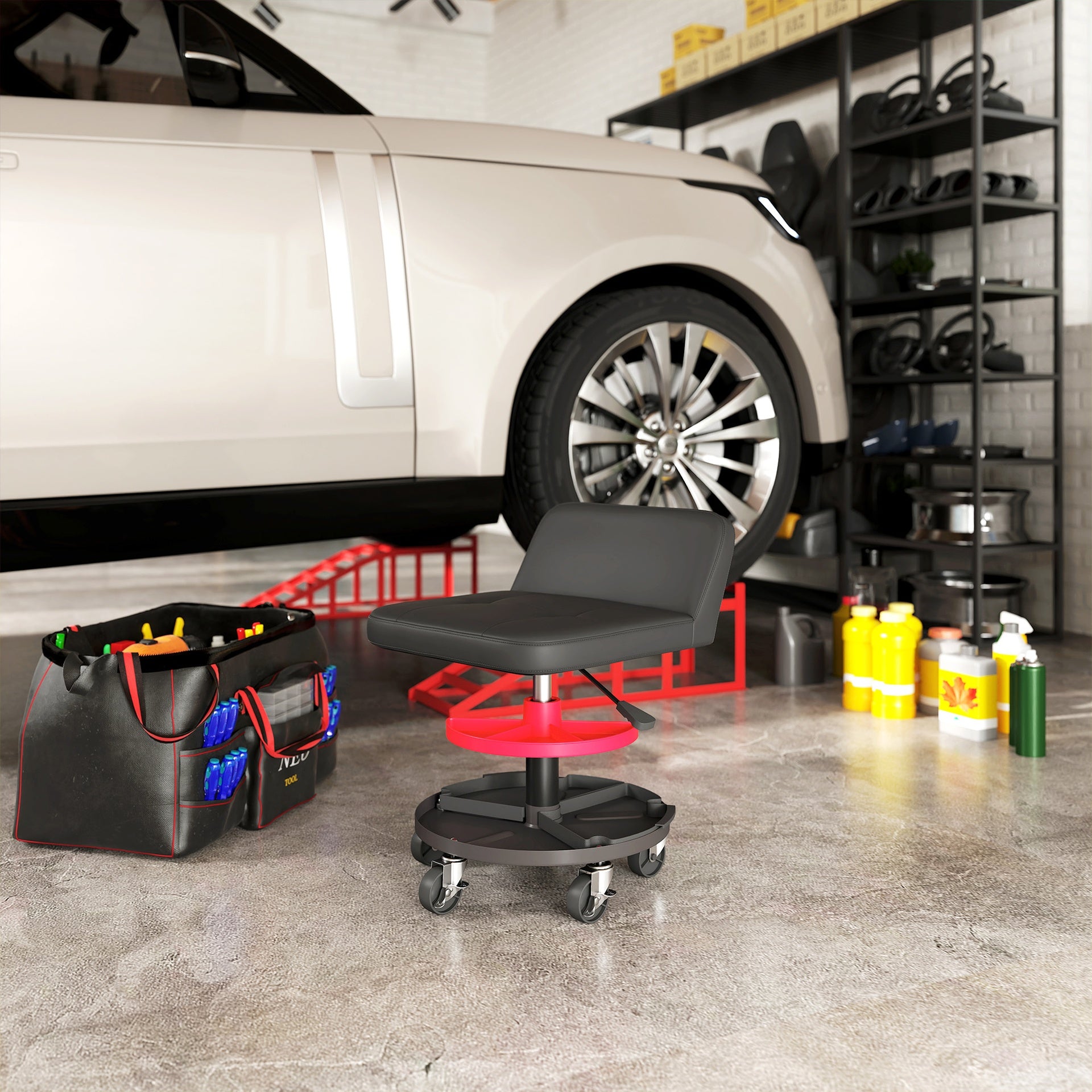 HOMCOM Rolling Creeper Garage Stool, 300 LBS Capacity Mechanic Stool with 360° Wheels, Tool Tray, Adjustable Height, Black