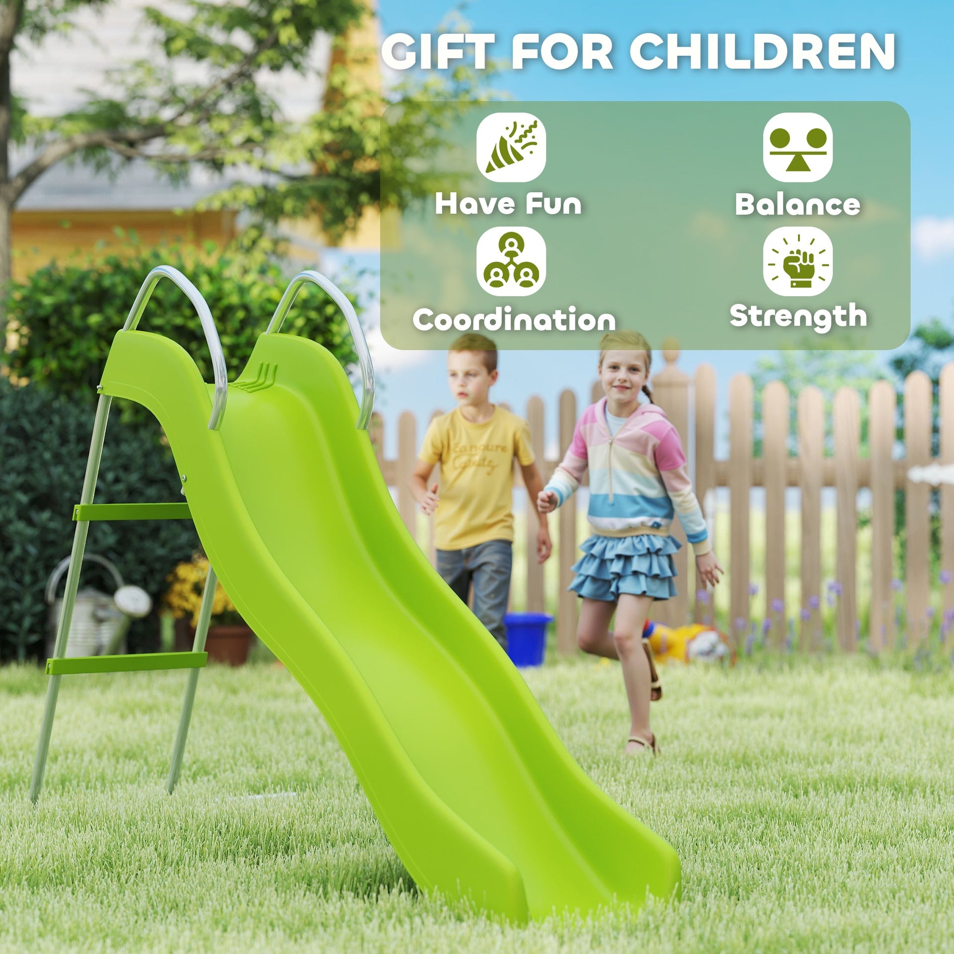 Qaba 5.7FT Outdoor Slide for Kids Ages 3-8, Climbing Step Ladder, Playground Equipment for Backyard, Garden, Green