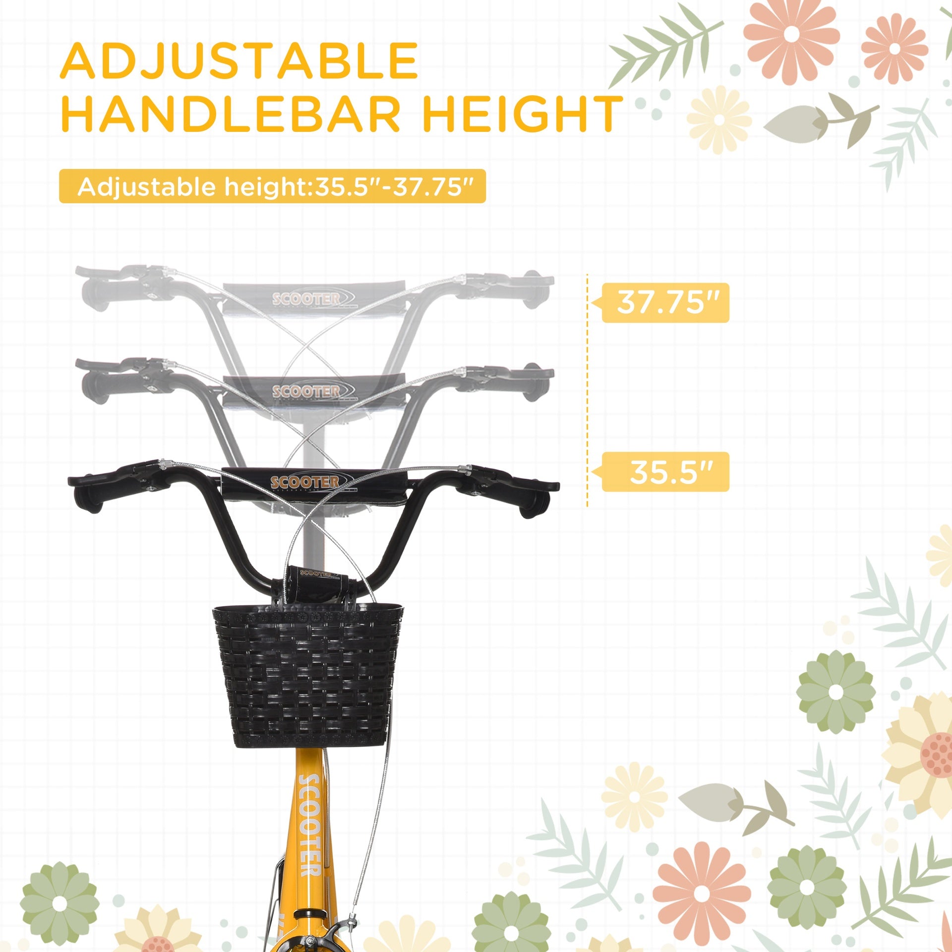 Aosom Youth Scooter, Kick Scooter with Adjustable Handlebars, Double Brakes, 16" Inflatable Rubber Tires, Basket, Cupholder, Orange