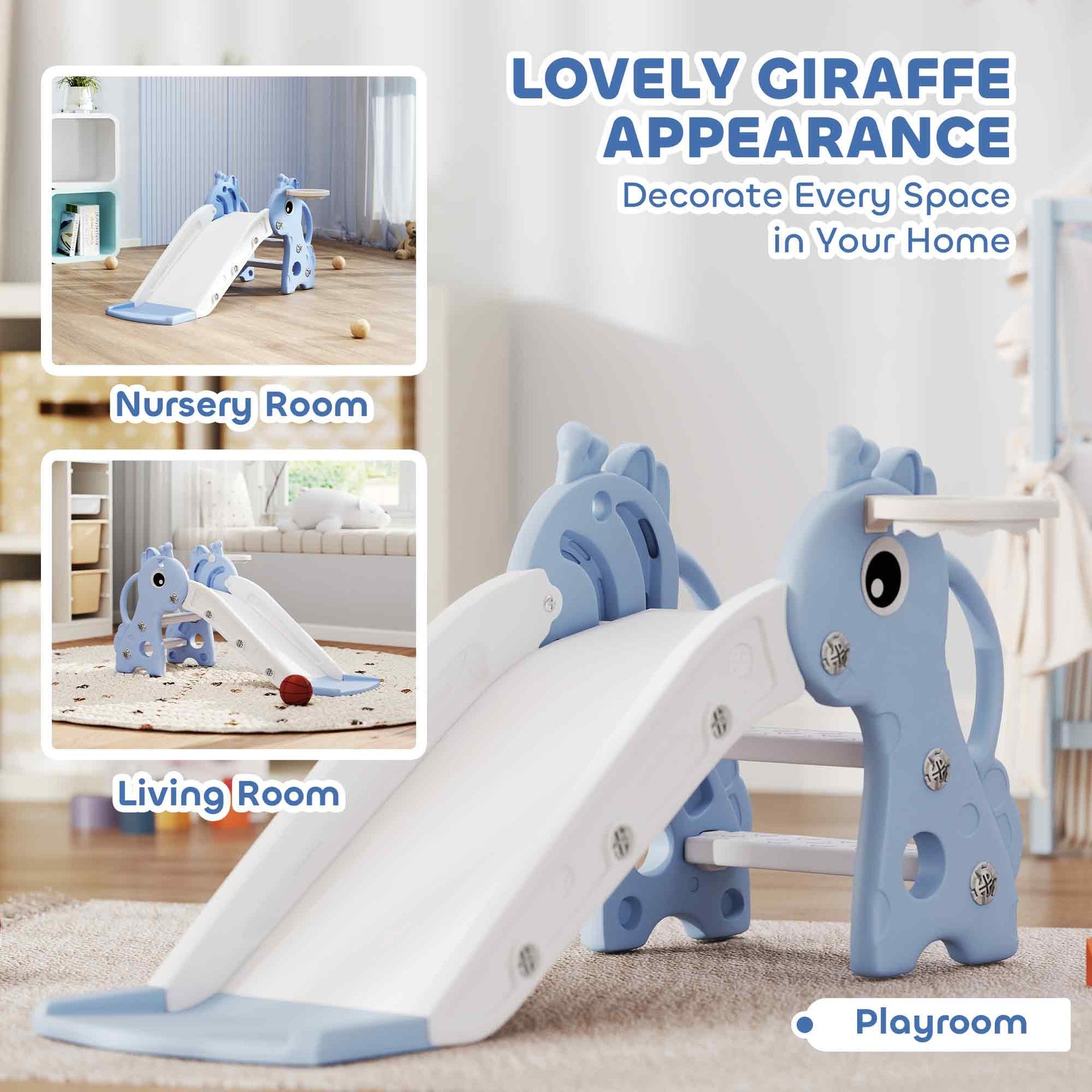 Qaba 3-in-1 Toddler Slide for Age 1-3, Freestanding Kids Slide with Climber, Basketball Hoop and Ball, Giraffe Design, Blue