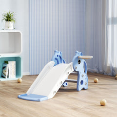 Qaba 3-in-1 Toddler Slide for Age 1-3, Freestanding Kids Slide with Climber, Basketball Hoop and Ball, Giraffe Design, Blue