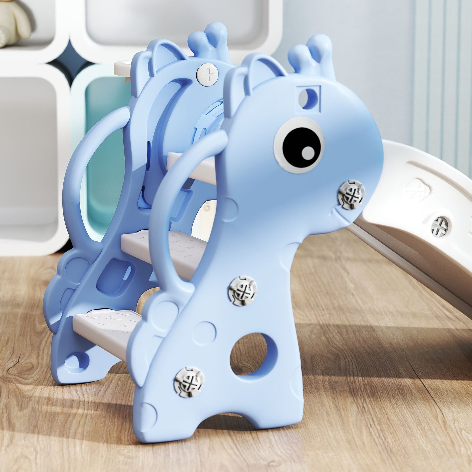 Qaba 3-in-1 Toddler Slide for Age 1-3, Freestanding Kids Slide with Climber, Basketball Hoop and Ball, Giraffe Design, Blue