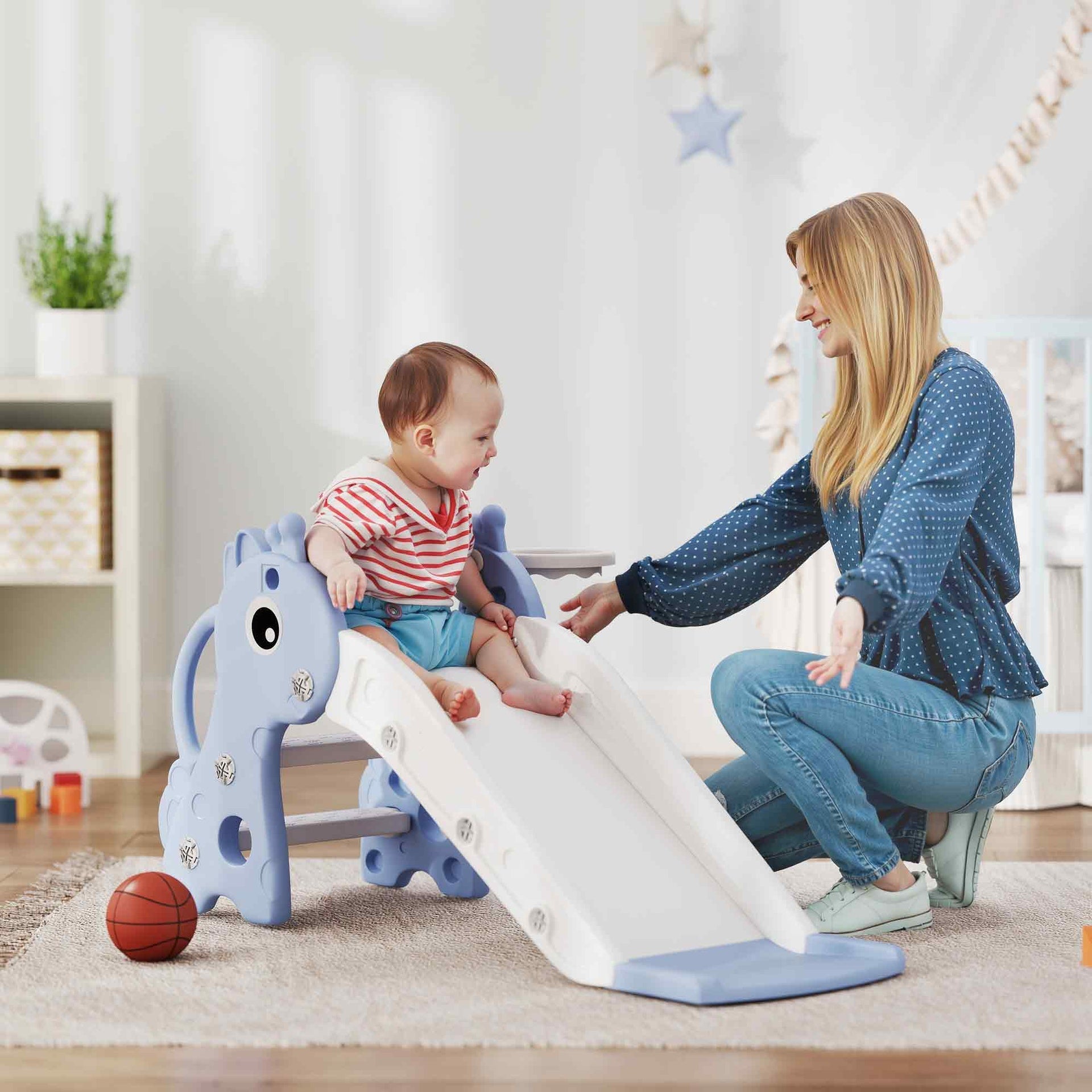 Qaba 3-in-1 Toddler Slide for Age 1-3, Freestanding Kids Slide with Climber, Basketball Hoop and Ball, Giraffe Design, Blue