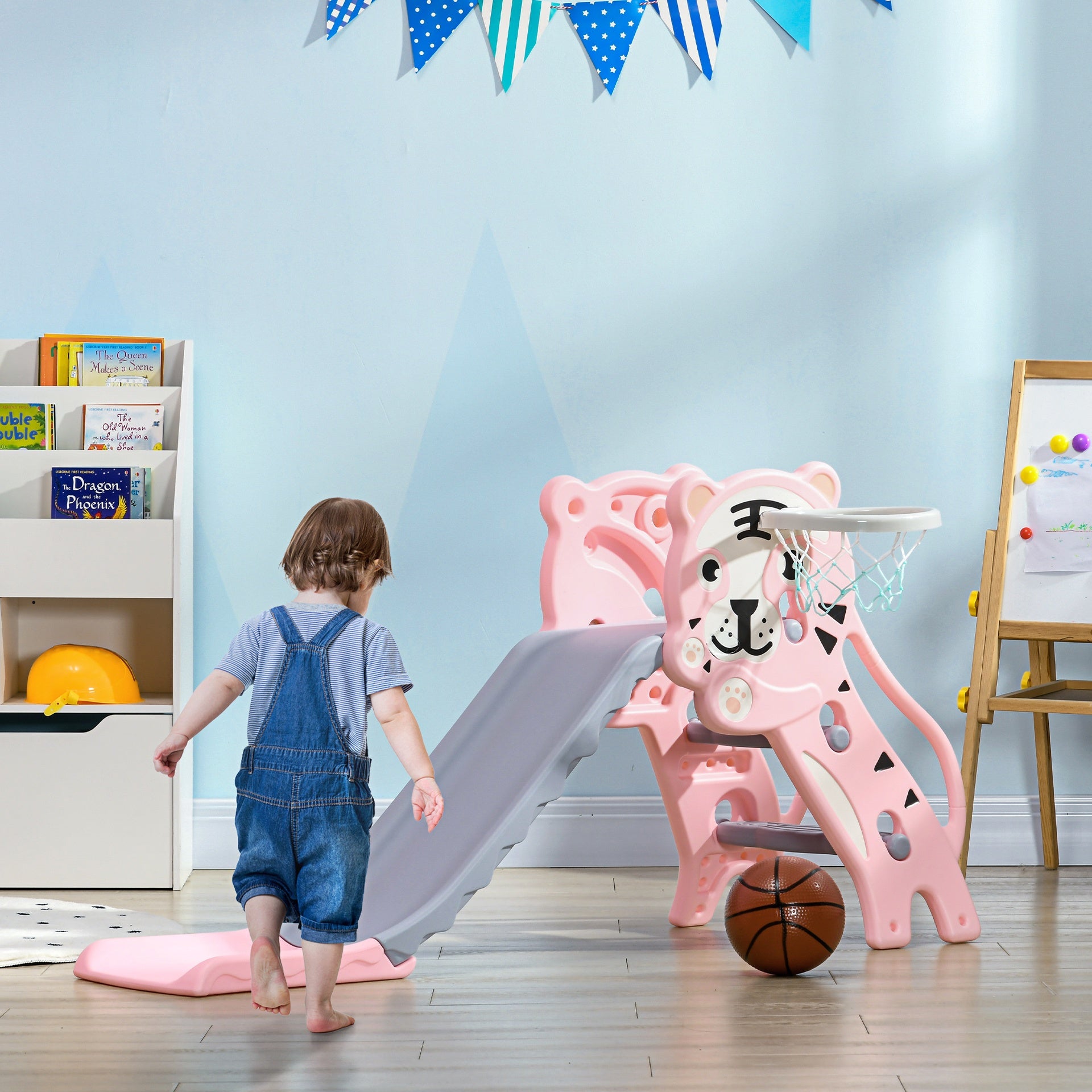 Qaba Slide for Kids with Basketball Hoop for Indoor Use, Easy Set Up Baby Slide for Kids 18-36 Months, Pink
