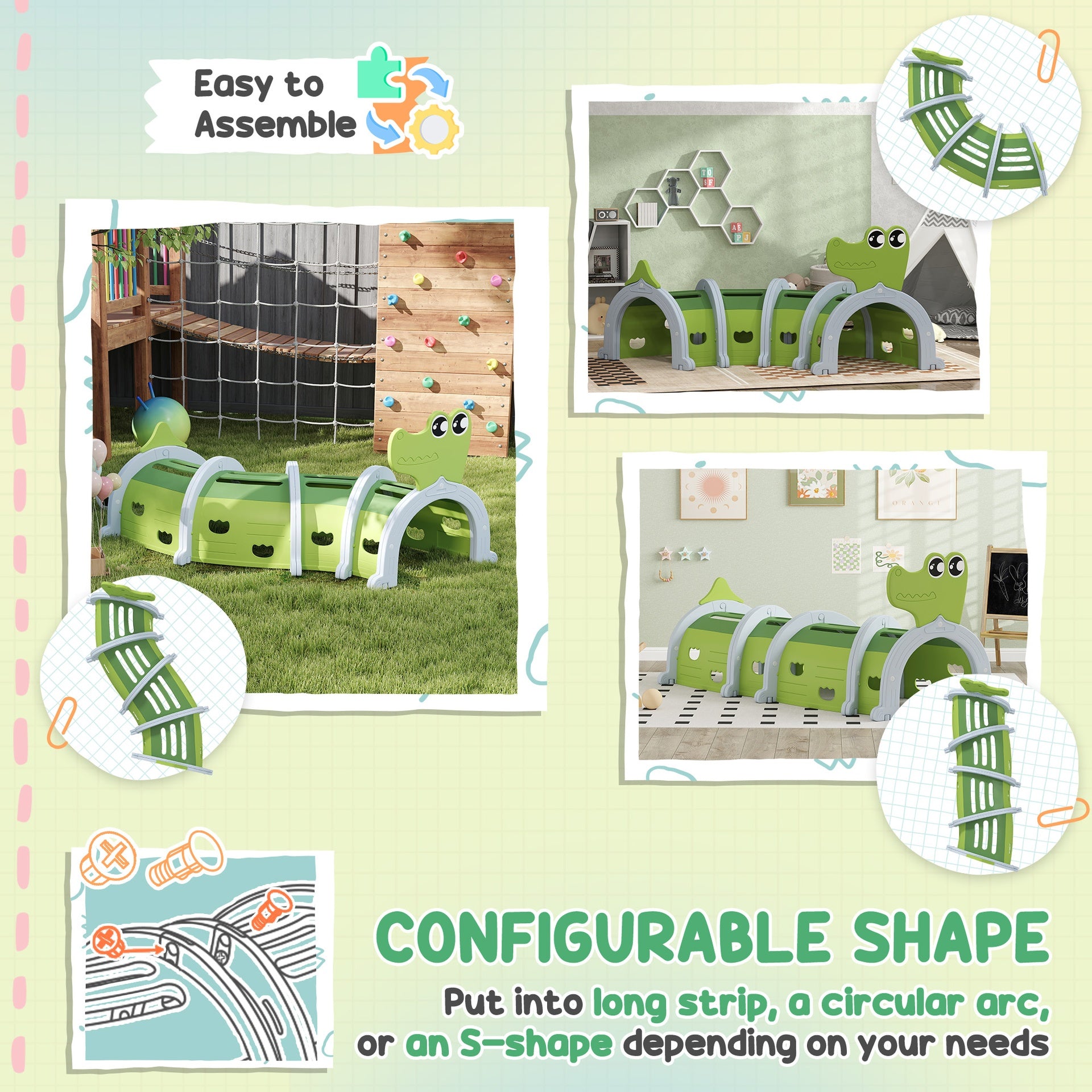 Qaba Crocodile Design Kids Play Tunnel for Kids to Crawl Through, 76" Long