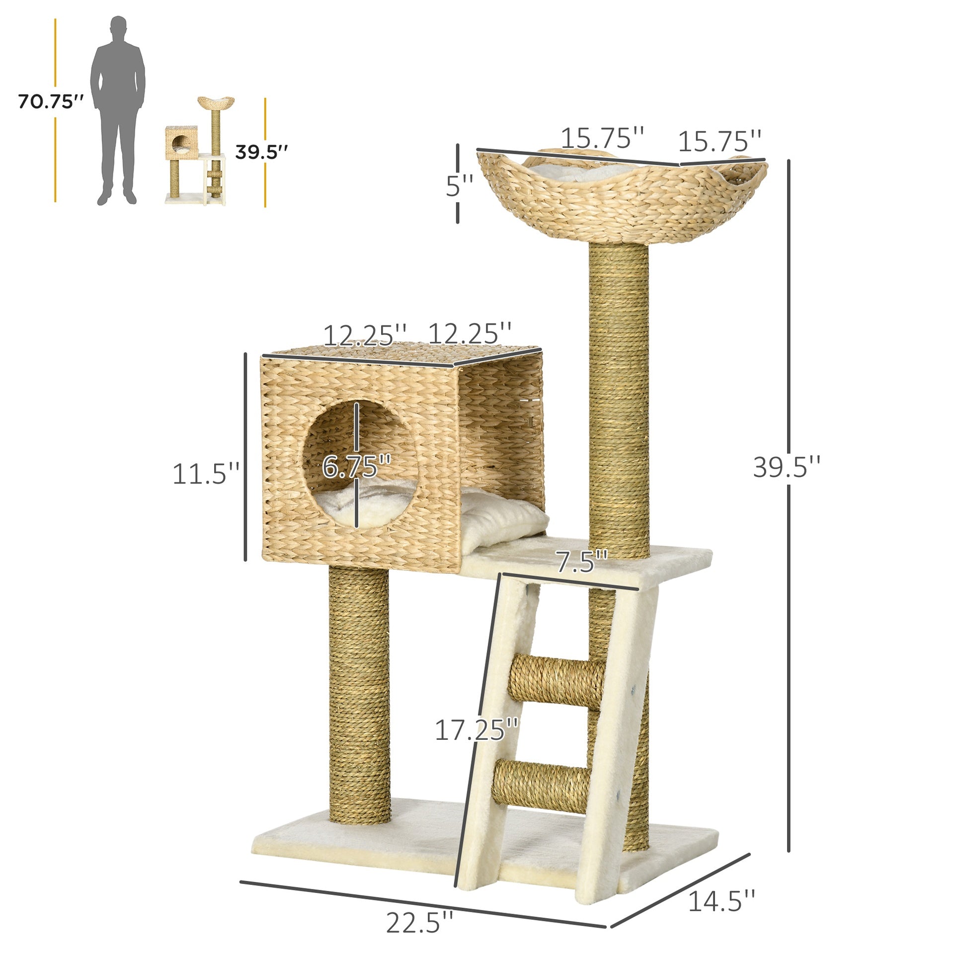 PawHut Cattail Weave Cat Tree for Indoor Cats Kitty Tower with Rattan Cat Condo, Wicker Bed, Ladder, Washable Cushions, 22.5" x 14.5" x 39.5", Natural
