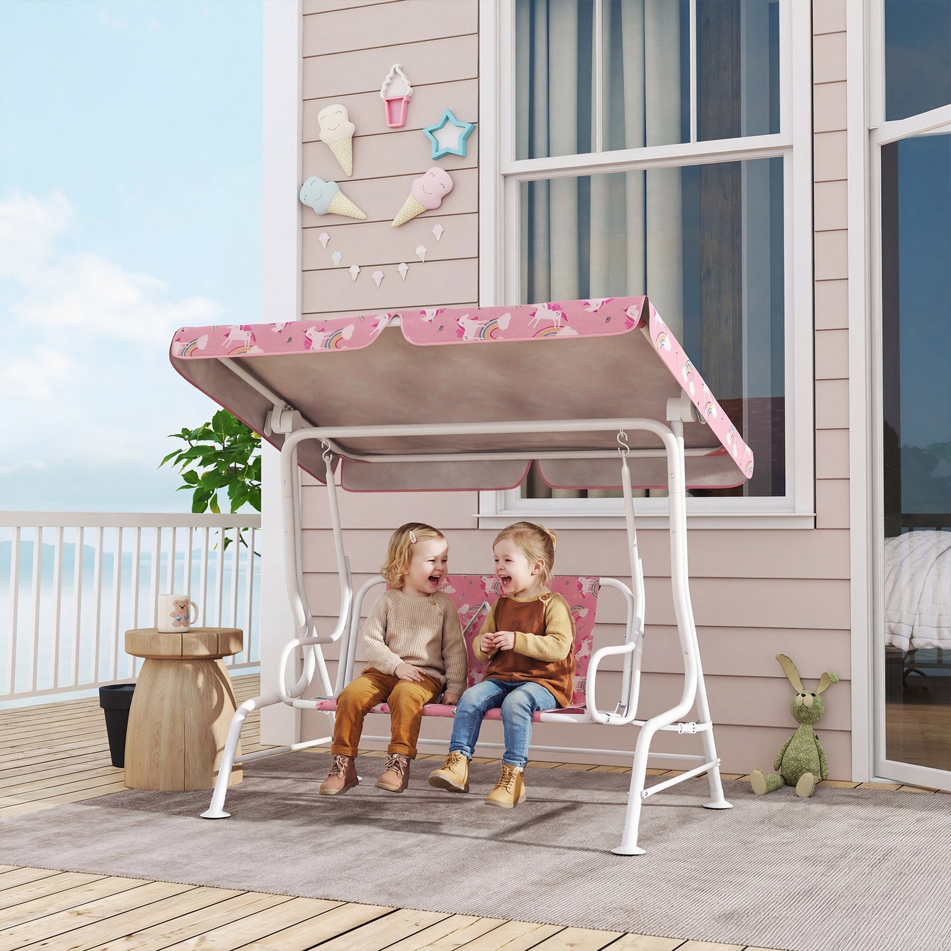 Qaba Kids Porch Swing, 2-Seater Patio Swing Bench with Safety Belts, Adjustable Canopy for Backyard, Garden, Pink