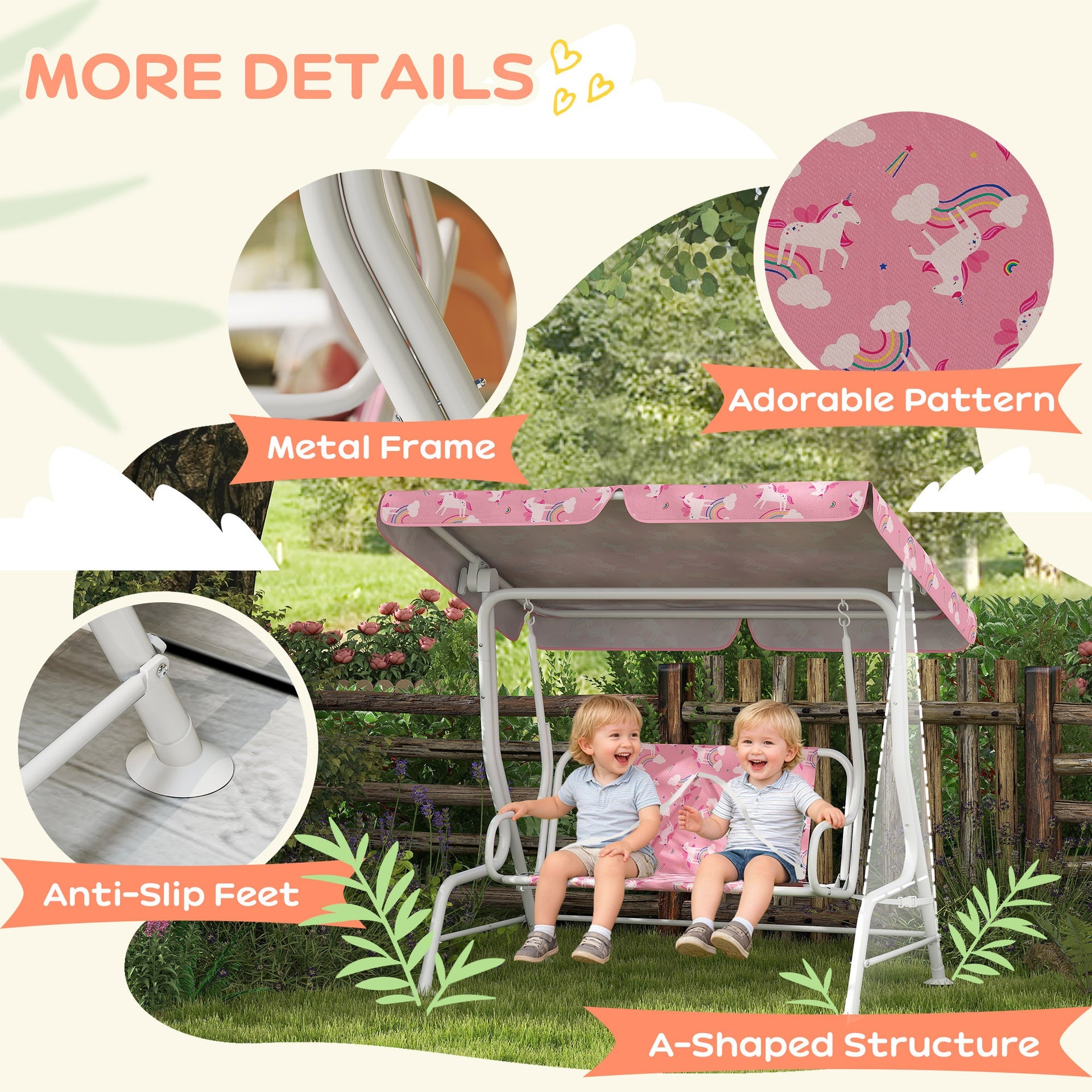 Qaba Kids Porch Swing, 2-Seater Patio Swing Bench with Safety Belts, Adjustable Canopy for Backyard, Garden, Pink